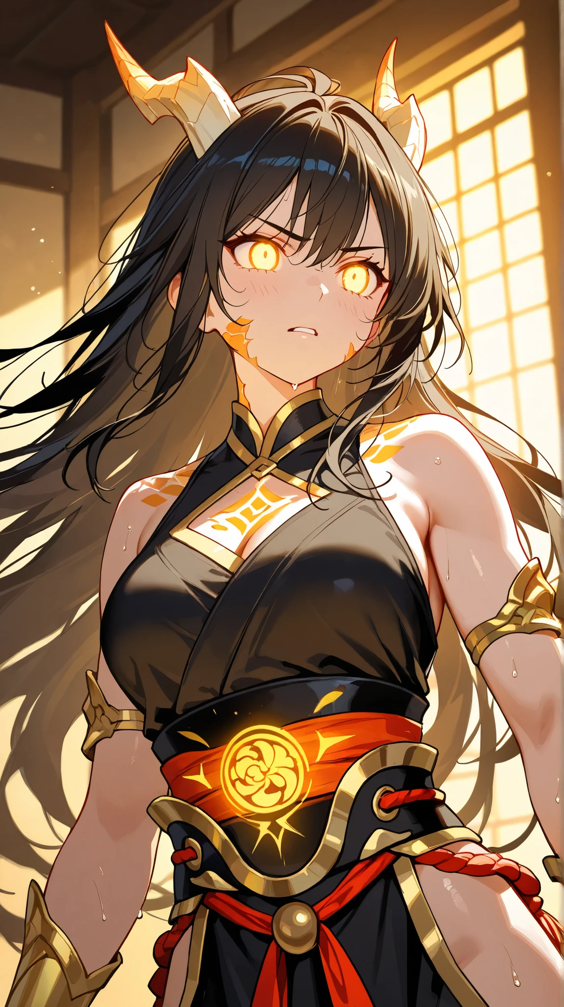 A stunning close-up of a fierce dragon-kind female warrior with an intense and determined expression. Her sharp, glowing eyes radiate unwavering focus, framed by elegant dragon horns and strands of wild, flowing hair. Her skin has subtle shimmering scales along her cheeks and neck, emphasizing her mythical heritage. She wears a detailed martial arts outfit, blending traditional dojo attire with fantasy armor elements, exuding strength and grace. Soft yet dramatic lighting enhances her features, with warm, golden light streaming through a dojo in the background, casting intricate shadows. Her face is slightly sweaty from training, highlighting her dedication and warrior spirit. The composition captures raw intensity and beauty, with a rich anime fantasy art style full of fine details and cinematic depth