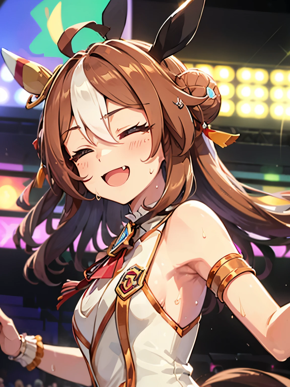 show me your armpits,sleeveless,wet skin, Kopanolicky\(Uma Musume\), 1 girl, Alone, cute girl,best quality, super detailed, 8k, high resolution, detailed face, upper body, smile, opened my mouth, closed eyes, sings on stage, New Stars Rose, keyboard leaning against, (((sweat,)))