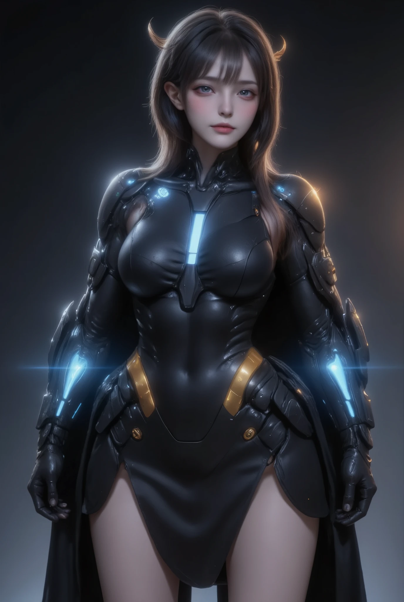 Create a futuristic, cybernetic female character standing in a striking pose. She should have sleek, black armor that hugs her figure, with subtle, glowing blue accents. The armor should feature various futuristic symbols and numbers, adding a complex, high-tech feel. Her cheekbones have two metal plates, flanked by helmets, and her ears have two thin, raised, pointed, radar-like metal plates, blending seamlessly into her armored suit. and over the girl's tight-fitting suit was a long, shiny black half-skirt. Her left hand is holding a black metal long spear that emits a soft, blue light. She have beautiful face, perfect body. She has long black hair, the ends of her hair glow blue. The background should be a dark, gradient color to enhance the character's features and the glowing elements. The overall vibe should be a blend of sci-fi and cyberpunk aesthetics, emphasizing a strong, confident persona.