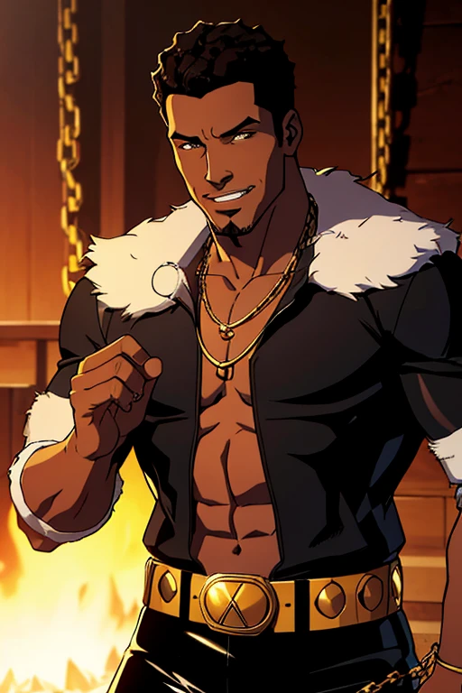 african man, black skin, happy face, short wild white hair, no shirt, long shorts, DETAILED white lion cloak, lion hood