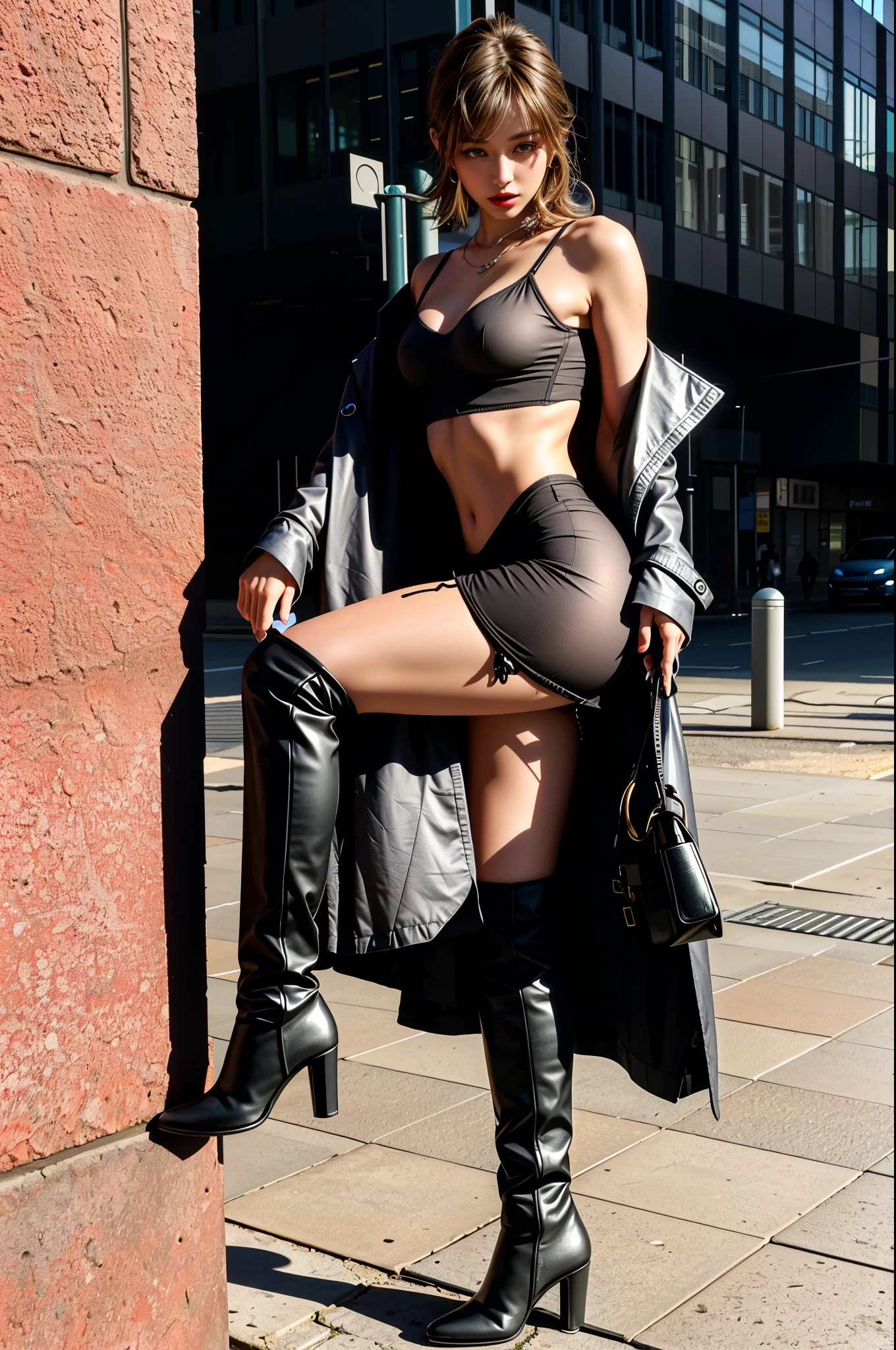 Create a stunning tanned, caucasian girl, 25 year old Instagram influencer with long straight brunette hair, and with a curvacious body with a small waist and thick thighs. Have her posed in a high fashion shoot, wearing thigh high heeled boots, a blazer and trousers. Have her in a concrete building, with good lighting and shadows. Ensure her outfit is black