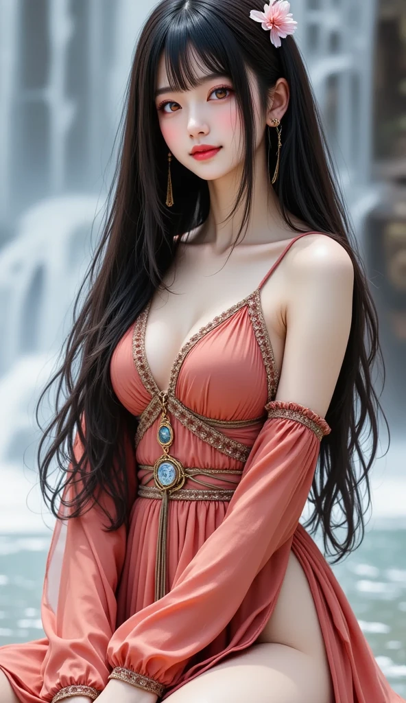 chiquita，Lori huge breasts cleavage，dual horsetail，Long blonde hair，curlies，Ball head，mesmerizing eyes，Warm smile，exquisite facial features，White skin of the，Wearing a sparkling dress that exudes a bit of starlight，Crystal hair accessories，dream magical，In a sea of pink flowers，The petals flutter in the wind