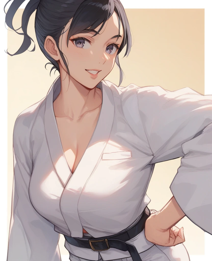 one female with short ponytail brown haircut, has brown eyes, wearing karate gi, alone, solo, (ALONE)(SOLO), showing cleavage, facing forward, looking at me, looking forward, smirk, looking casual, large chest