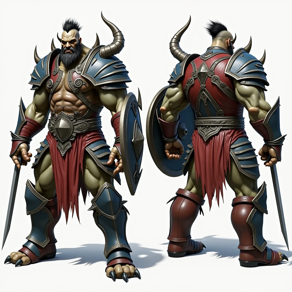 ((Masterpiece)),(((Best Quality))),((Character Design Sheet, Same Character, Front, Side, Back)), World of Warcraft, Illustration, Orc Warrior, Male, Shorter, Copper Skin, Gray Hair, Red Eyes, Fangs, Strong, Thick Arms, Noticeable Muscles, Head Down, (With Chest, Bow), Tattoos on Arms and Chest, Environmental Scene Changes, Standing Posture, (Holding Tomahawk: 1.2), Carrying a Bow and Arrow, Gladiator Armor, (Simple Background, White Background: 1.3)