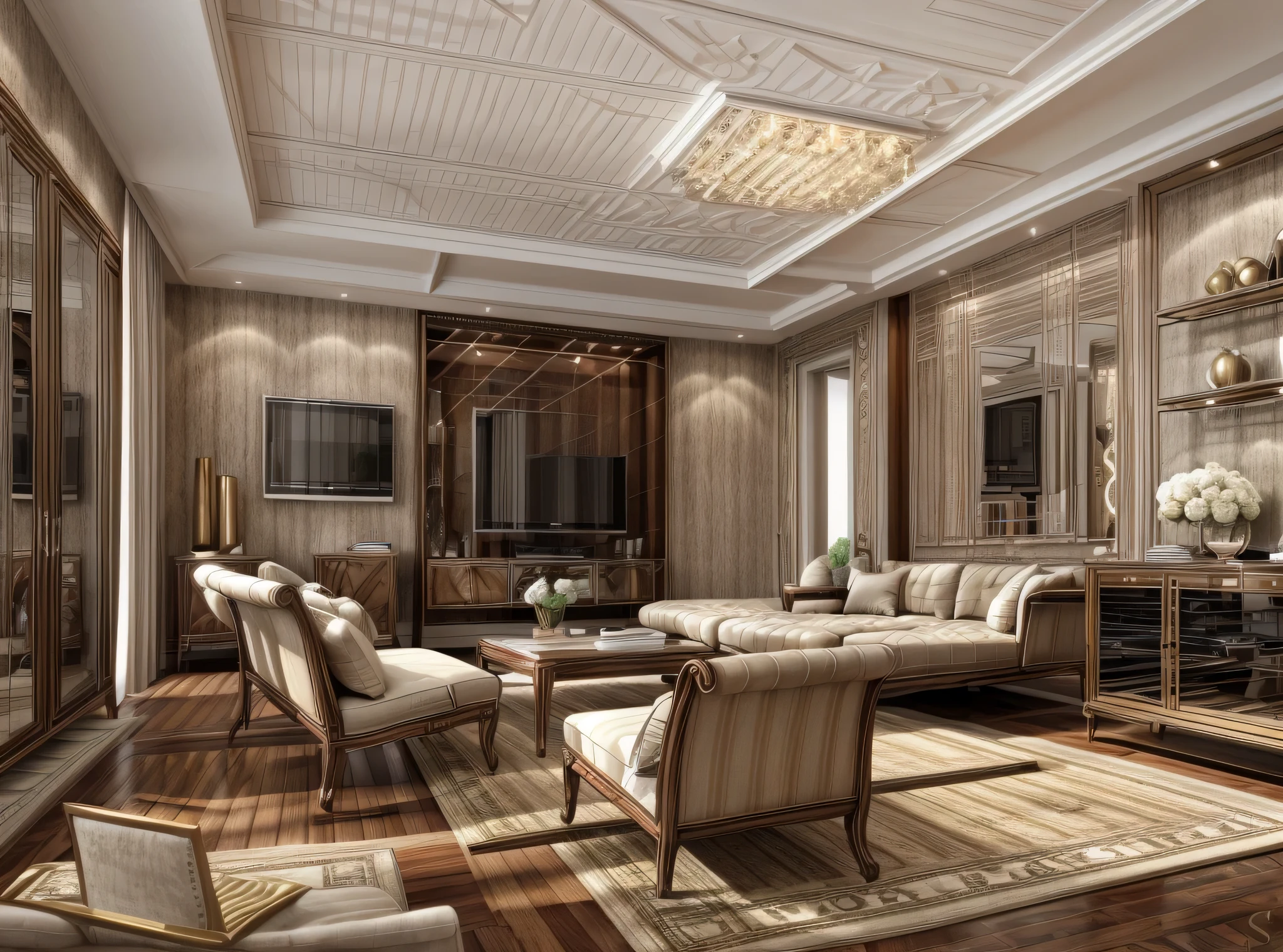 luxury livingroom, luxury, sofa, rug, cabinet, cozy lighting from chanderlier, (flat ceiling)