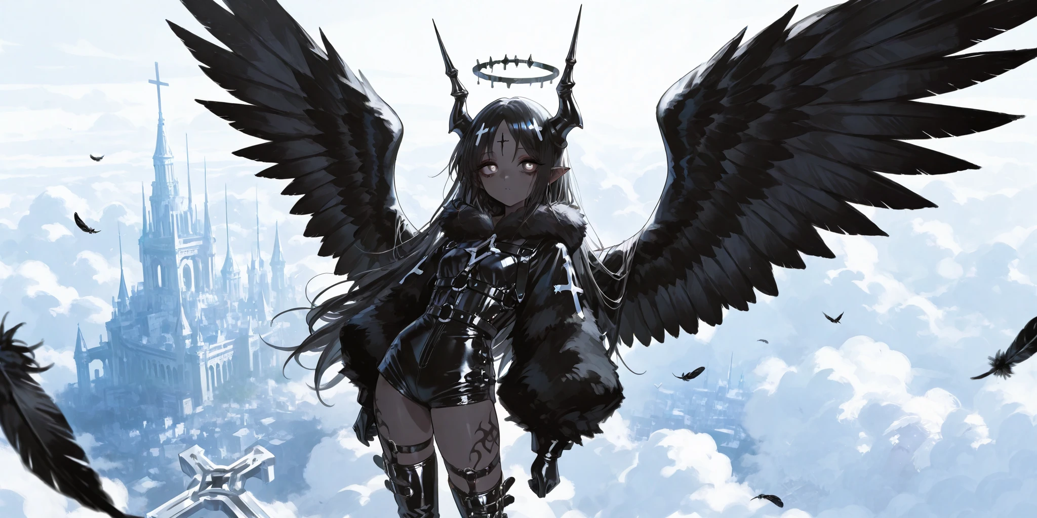 The girl is a fallen black-and-white angel. Her long hair is obsidian black straight with white highlights. her eyes are dark black with white crosses-like pupils. She has dark-grey skin and pointed ears. on her skin she has a tattoo of the silver cross. In the center of her forehead she has a one black unicorn-horn decorated with silver chains. She is wearing a black jumpsuit with short shorts, with fur collar and fur sleeves. She wears high hip-length patent leather boots with straps. She wears on her head a black patent leather cap. A halo with three all-seeing eyes is burning above her head . She wears leather gloves. She's wearing silver garters, shoulder-harness and patent leather corset with inverted crosses. She has six wings on her back, three black wings and three white wings. She flies in a white heavenly city among the clouds, leaving a trail of black feathers behind her.