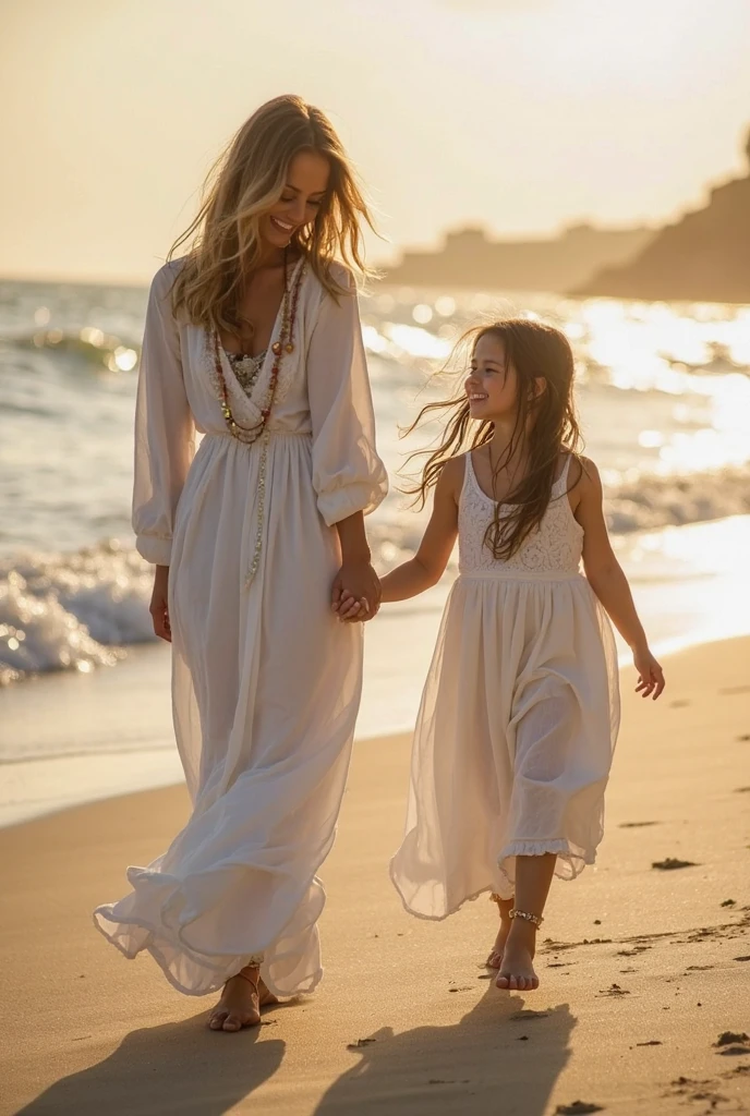 A heartwarming moment of familial bonding on a picturesque stoney beach. A 50-year-old Estonian mother, her hair lightly kissed by the sun and a gentle smile playing on her lips, is flanked by her two daughters, aged 21 and 19. The trio walks in unison, their steps in sync with the rhythmic crash of the waves nearby. The mother, a timeless beauty in a loose, flowing dress, has her hands resting protectively yet comfortably on the waists of her daughters. The daughters, both exuding youthful grace, mirror their mother's pose with their own hands interlocked around her waist. The older daughter, with her auburn hair dancing in the salty breeze, is dressed in a bohemian ensemble, while the younger one, with a cascade of blonde locks, sports a more modern and minimalist look. Their attire complements each other, reflecting their individuality while still weaving a tapestry of familial unity. The beach is a canvas of varying shades of blue and gray, with the sky blending seamlessly into the ocean horizon. The stones underfoot, worn smooth by time and tide, create a natural path that they navigate with ease. The three figures are captured in a warm embrace of afternoon light, casting long, soft shadows that stretch out towards the frothy shoreline. The sea, a symphony of blues and whites, extends infinitely, offering a serene backdrop to their intimate stroll. The mother's gaze is fixed on the horizon, filled with the wisdom of her years, while the daughters look towards her, reflecting both admiration and the knowledge that they are guided by love and experience. The image exudes an air of quiet contentment and shared strength, a testament to the unbreakable ties that bind them across generations.