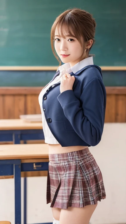 masterpiece, best quality, illustration, Super detailed, fine details, High resolution, 8K,wall paper, perfect dynamic composition,(Details High quality, realistic depiction of eyes:1.3), (white school shirt :1.2), (plaid skirt :1.3), tie black, black thigh-high stockings, standing, open legs, short bob hair, in a classroom, blackboard in the background, deep on field, large breasts, black hair color, Big Natural Color Lip, (perfect body shape), crying a little、Harajuku style、30 year old girl、cute type、lolita、beautiful legs, Gravure Idol