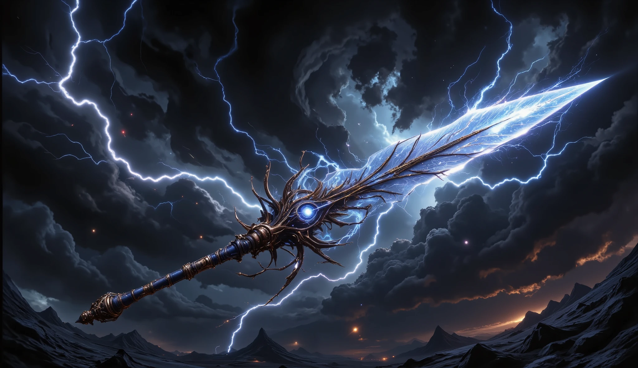 A powerful mythical weapon named Vajrapathastra, resembling a spear made of crackling lightning and glowing with intense electric energy. The spear's shaft appears metallic with intricate golden engravings, while the spearhead is engulfed in blinding blue and white lightning bolts. The entire weapon radiates powerful energy, with sparks and electric arcs dancing around it, creating a sense of overwhelming destructive force. The background is dark and stormy, with thunderclouds swirling and lightning flashing, enhancing the weapon's intense aura
