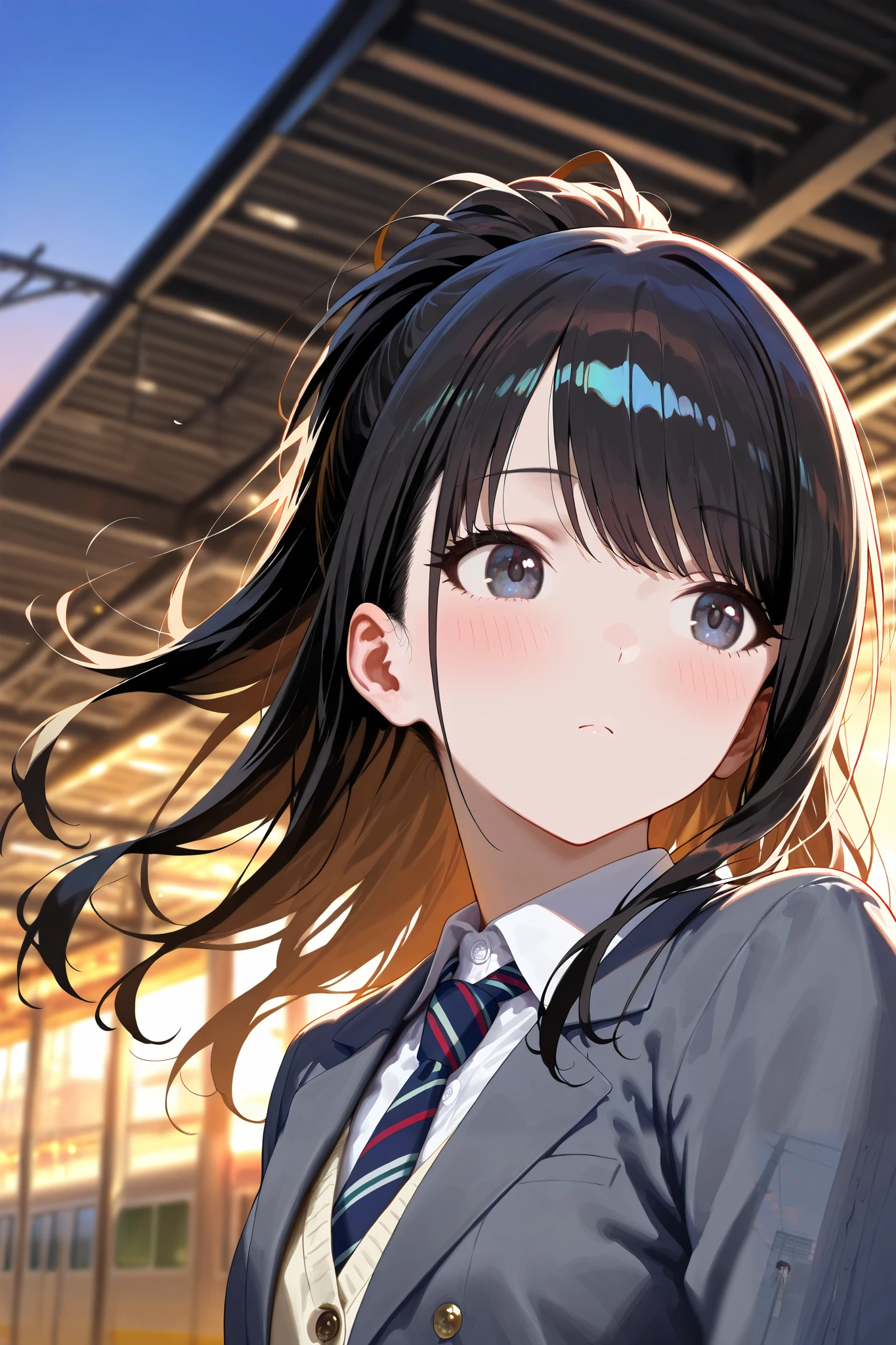(masterpiece), (Highest quality), (Very detailed), (The best shape), (Best Shadow), (Absurd), (Detailed Background), (so beautiful), Shiny, Beautiful eyes in every detail, Extraordinary, Countershading, 8k, 32K, High resolution, Very Detailed CG ,
Score_9, Score_8_up, Score_7_up, Source_anime,
(Pastel painting:1.2), (Watercolor painting:1.2),
(Masterpiece, Detailed:1.2), (Foreshortening:1.2),
Cinematic, Dramatic, (depth of field:1.4),
(blurry background:1.4), (Realistic background:1.4), dynamic angle, from below,
1girl, solo,
Japan, Big city train station, Platform, (evening:1.2), wind,
Kazano Hiori,
the idolmaster shiny colors,
hiori kazano, ponytail, black hair, black eyes,
(school uniform:1.3), school bag,
White collar, tie, black tie, Stripes tie, gray tie,
(cardigan:0.9), Inner cardigan, linen cardigan,
blazer, (gray blazer:1.2), long sleeves blazer, (Button-up her blazer:1.5), (buttoned all the way up:1.4),
(Blush:1.3),
Portrait,
look away,
Focus on face,
Realistic skin,
Shiny skin,