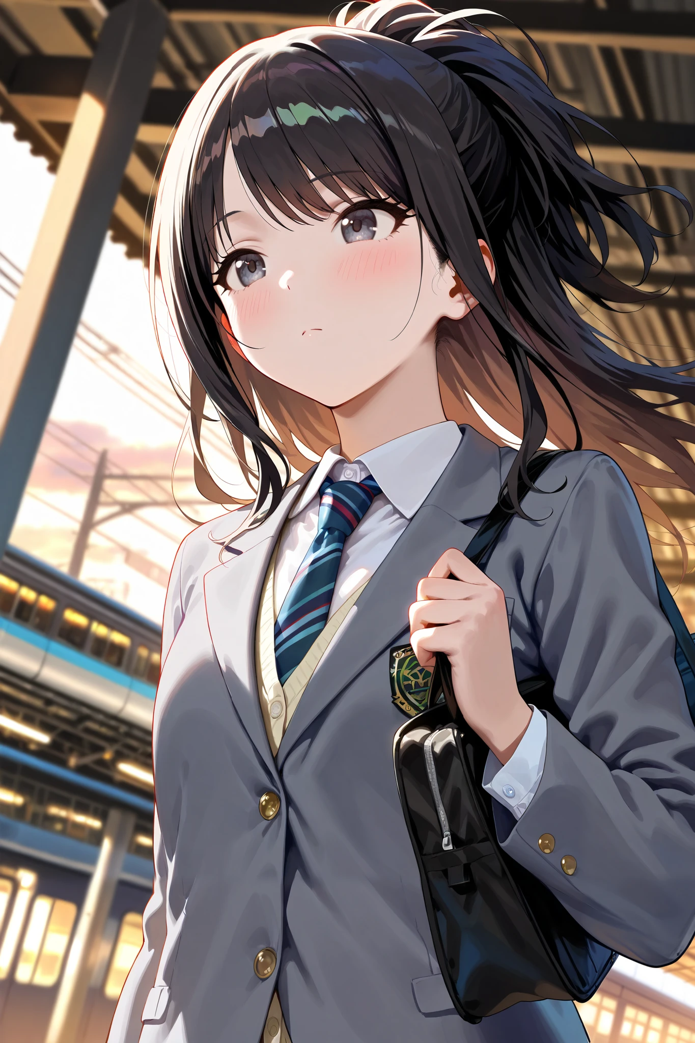 (masterpiece), (Highest quality), (Very detailed), (The best shape), (Best Shadow), (Absurd), (Detailed Background), (so beautiful), Shiny, Beautiful eyes in every detail, Extraordinary, Countershading, 8k, 32K, High resolution, Very Detailed CG ,

Score_9, Score_8_up, Score_7_up, Source_anime, 
(Pastel painting:1.2), (Watercolor painting:1.2),
(Masterpiece, Detailed:1.2), (Foreshortening:1.2),

Cinematic, Dramatic, (depth of field:1.4),
(blurry background:1.4), (Realistic background:1.4), dynamic angle, from below,
1girl, solo, 
Japan, Big city train station, Platform, (evening:1.2), wind,

Kazano Hiori, 
the idolmaster shiny colors,
hiori kazano, ponytail, black hair, black eyes,

(school uniform:1.3), school bag,
White collar, tie, black tie, Stripes tie, gray tie,
(cardigan:0.9), Inner cardigan, linen cardigan,
blazer, (gray blazer:1.2), long sleeves blazer, (Button-up her blazer:1.5), (buttoned all the way up:1.4),

(Blush:1.3),
Portrait,
look away,
Focus on face,
Realistic skin,
Shiny skin,