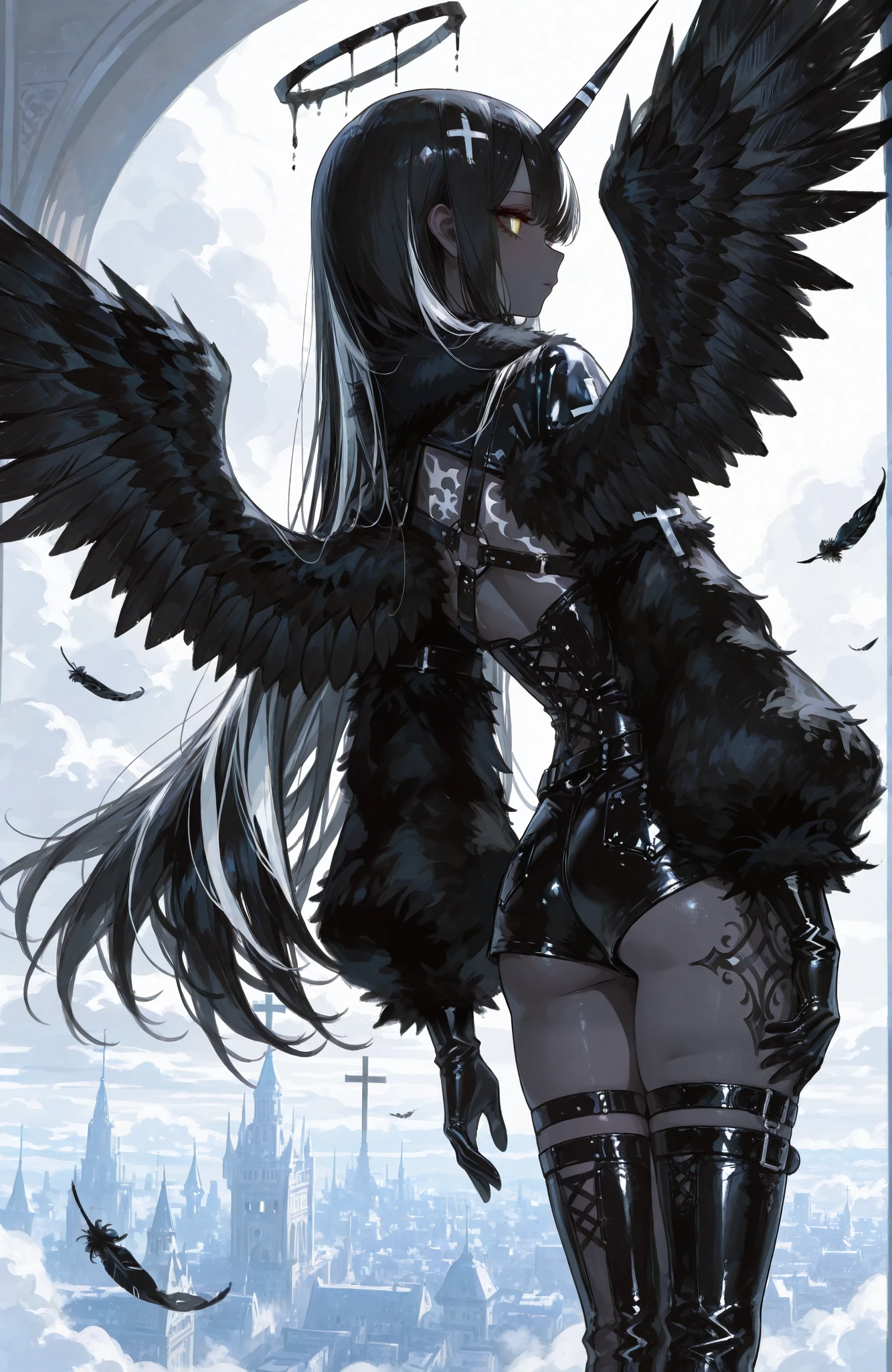 The girl is a fallen black-and-white angel. Her long hair is obsidian black straight with white highlights. her eyes are dark black with white crosses-like pupils. She has dark-grey skin and pointed ears. on her skin she has a tattoo of the silver cross. In the center of her forehead she has a one black unicorn-horn decorated with silver chains. She is wearing a black jumpsuit with short shorts, with fur collar and fur sleeves. She wears high hip-length patent leather boots with straps. She wears on her head a black patent leather cap. A halo with three all-seeing eyes is burning above her head . She wears leather gloves. She's wearing silver garters, shoulder-harness and patent leather corset with inverted crosses. She has six wings on her back, three black wings and three white wings. She flies in a white heavenly city among the clouds, leaving a trail of black feathers behind her.