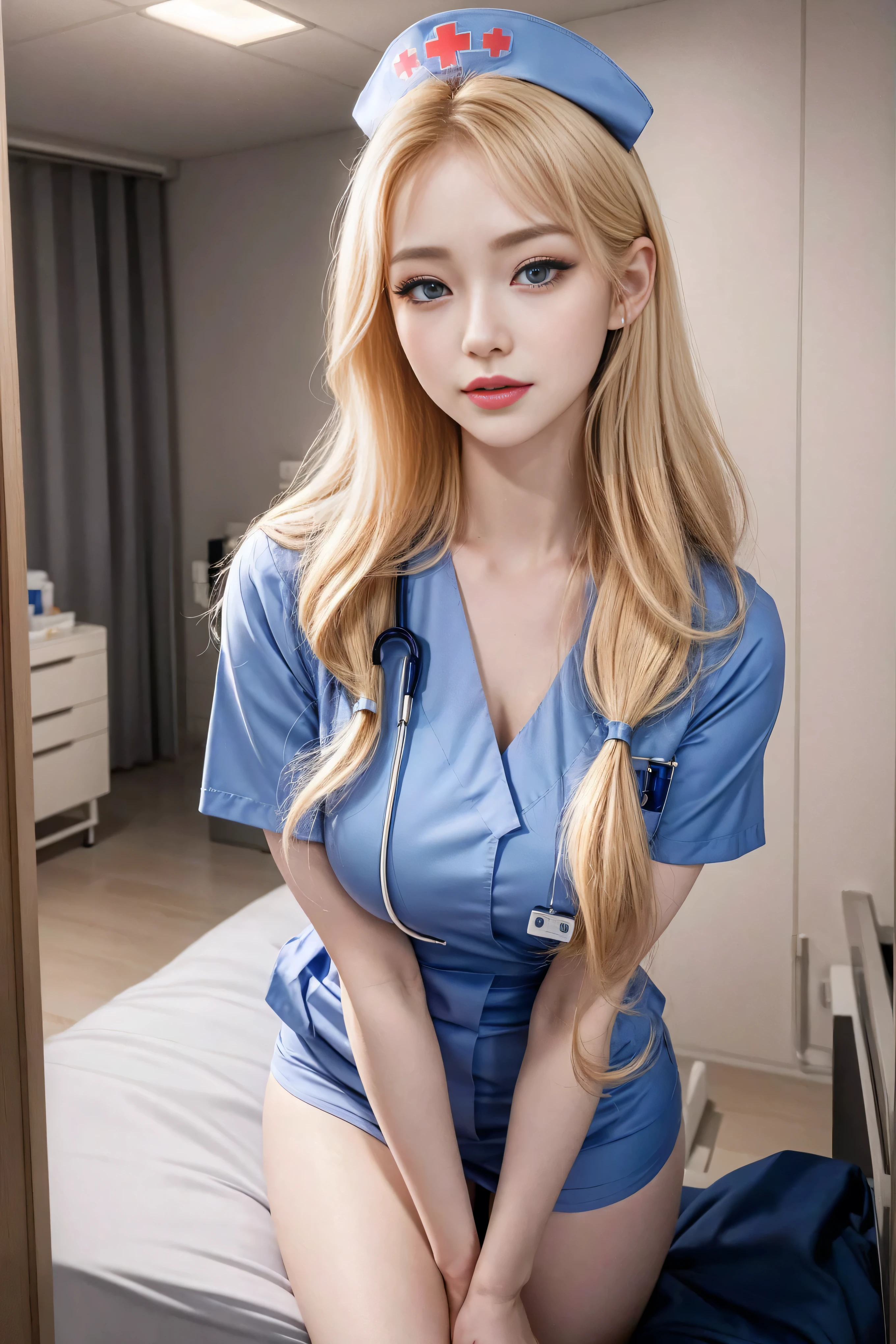 Beautiful girl, blonde hair, big breasts,wear a doctor's uniform,on the table, in the hospital room.