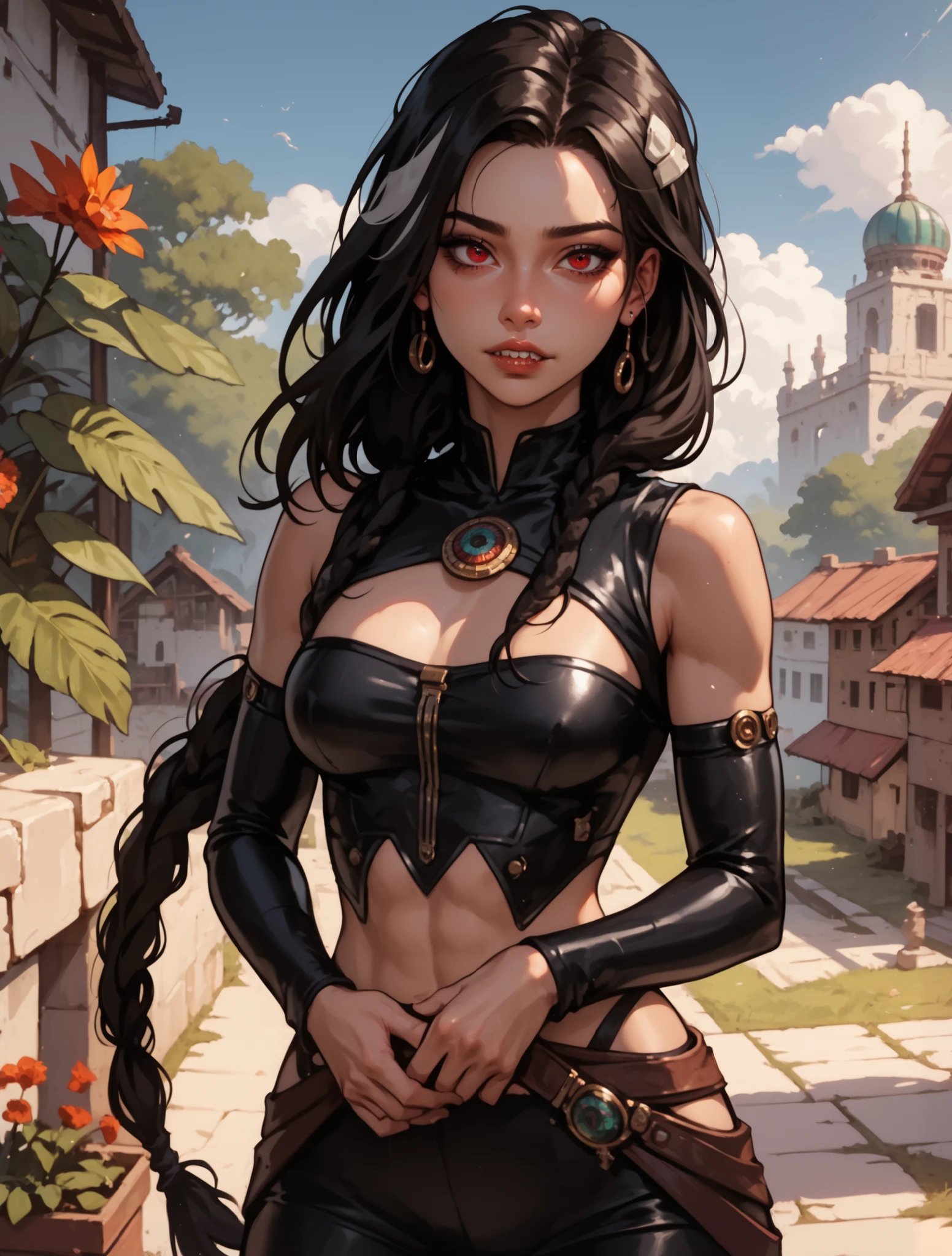 masterpiece, HD , great quality, very aesthetic, absurd, high contrast , high color palette , light glare ,Latest ,2.5D,Volummetric lighting, Sweet, jung, 1 girl, aztekisch, round face, slim lips, small breasts, red eyes,athletic body, aztekisch, white hair strands, look at the viewer, Dreadlocks, shy, smiles, Anime shark teeth, background: jungle and Aztec ruins,