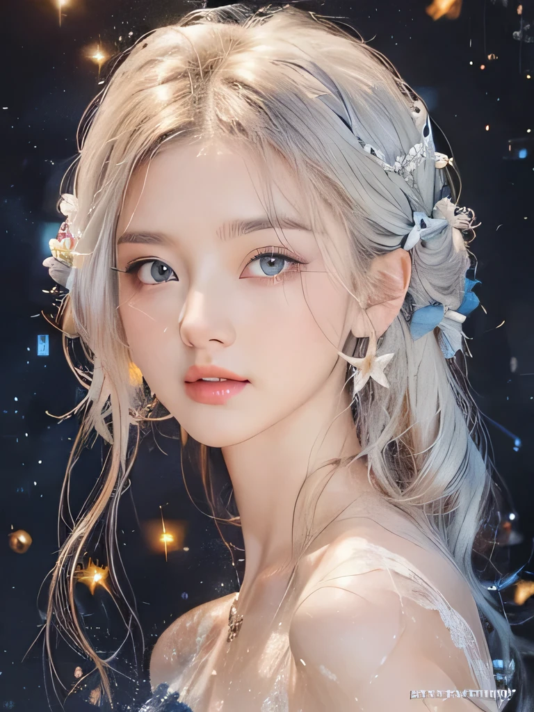 (Above),Dynamic Angle,Very detailed, shape, Direct, 1 girl, (fantasy:1.4), (Light blue eyes:1.233),Her eyes shone like Like a dream stars,(Glowing eyes:1.233),(Beautiful and delicate eyes:1.1),(Silver Hair:1.14),(Messy hair,Very long hair,French Braid,Hair between the eyes,Side lock), (+(flower:1.14)),(Chiffon Dress,青いflower柄)/=(:1.24),(Don&#39;t use sleeves,Wide sleeves),(Gloves),necklace,(Micony High Socks),high-heel boots,(Awkward),(stubborn), (Located in an old white palace、Princess bedroom with dressing table and floor-to-ceiling windows),(白いflower,bloom),(Dark blue world tree:1.14),(What&#39;remain),(night:1.2),Like a dream,soul,(Fluorescence), [[Slender fingers and hands:0.55]::0.85],(Finger details),(Soup Dumplings:0.5)、Berets、Miss、18 years old、Large Breasts, best quality, Very detailed, Beautiful Lights, beautiful scenery, Mild hot flashes, Smile, ((masterpiece)), (Japanese cartoons:1.5), ((best quality)), (RAW photos: 1.2), (Professional photography:1.2), whole body, 8K, from the side, Wide-angle lens,