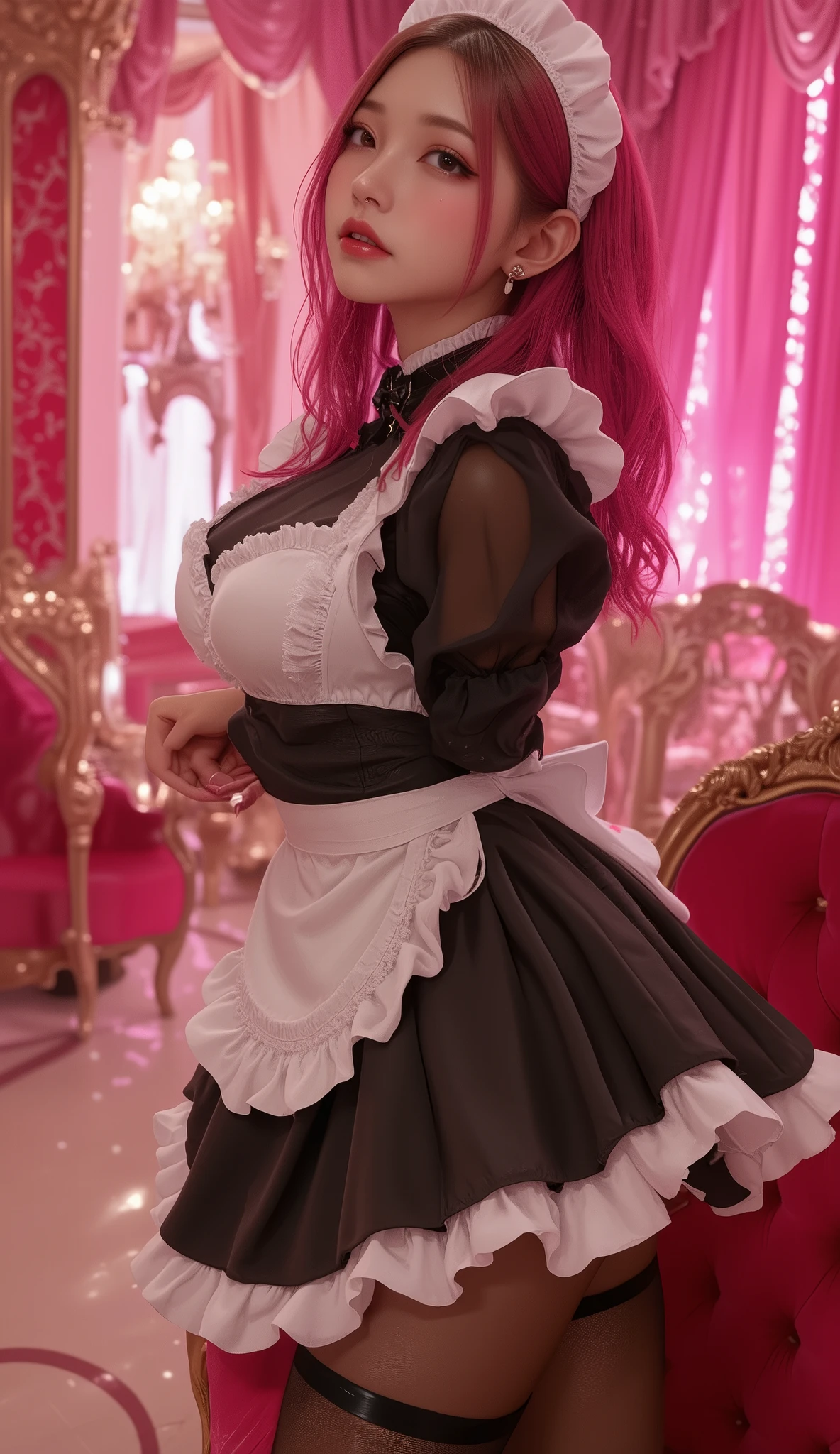 (full body image:1.5), (princess zelda, permanent, alone:1.2) ,(Big breasts:1.5), (She is wearing a black maid outfit,Paired with a very short white skirt/Her clothes are very tight:1.3), (She's in front of the bed in the hotel room:1.3), she has (blue eyes, Dark green mohawk hair:1.2), (she is smiling, looking at the audience. Exhibitionist pose:1.2), anime style, 16K, best quality, high detail, textured skin, ultra high definition, masterpiece, anatomically correct
