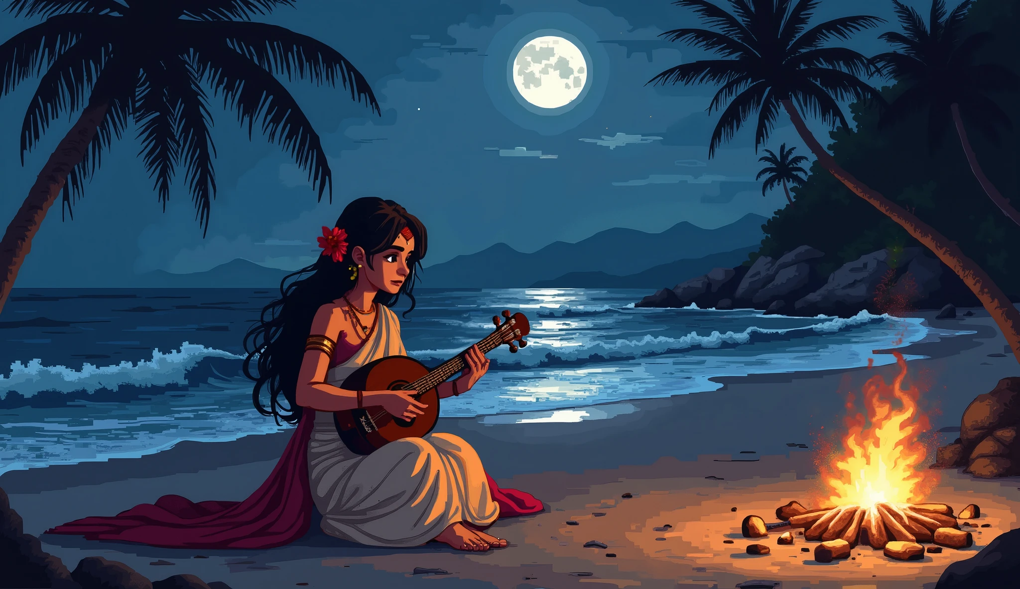 A young South Indian girl sits on a moonlit beach, dressed in a flowing half saree that shimmers softly in the firelight. She is gracefully playing an ancient string instrument, her fingers delicately plucking the strings as the warm glow of a crackling bonfire illuminates her face. Her long hair cascades over her shoulder, catching the light as she becomes lost in the melody.
The ocean stretches before her, its dark waves reflecting the silvery glow of the full moon. The sound of the instrument blends with the rhythmic crashing of the waves, creating an atmosphere of tranquility and nostalgia. The sand beneath her is cool and textured, with her barefoot impressions trailing behind her. Silhouettes of gently swaying palm trees frame the distant background, their dark outlines barely visible against the vast night sky filled with stars.
The artwork is rendered in highly detailed pixel art, evoking the aesthetic of classic dark fantasy RPGs. The interplay of firelight, moonlight, and ocean mist adds depth and contrast, creating a dreamlike yet immersive scene filled with warmth and serenity.
