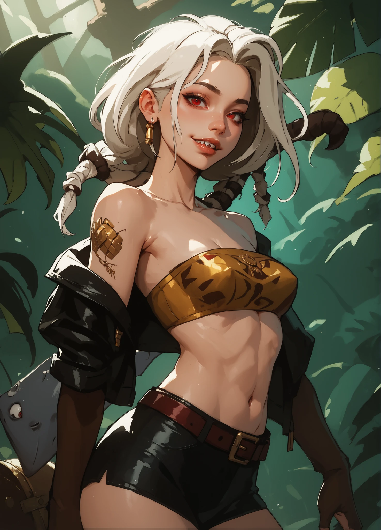 masterpiece, HD , great quality, very aesthetic, absurd, high contrast , high color palette , light glare ,Latest ,2.5D,Volummetric lighting, Sweet, jung, 1 girl, aztekisch, round face, slim lips, small breasts, red eyes,athletic body, aztekisch, white hair strands, look at the viewer, Dreadlocks, shy, Anime shark teeth, background: jungle and Aztec ruins,