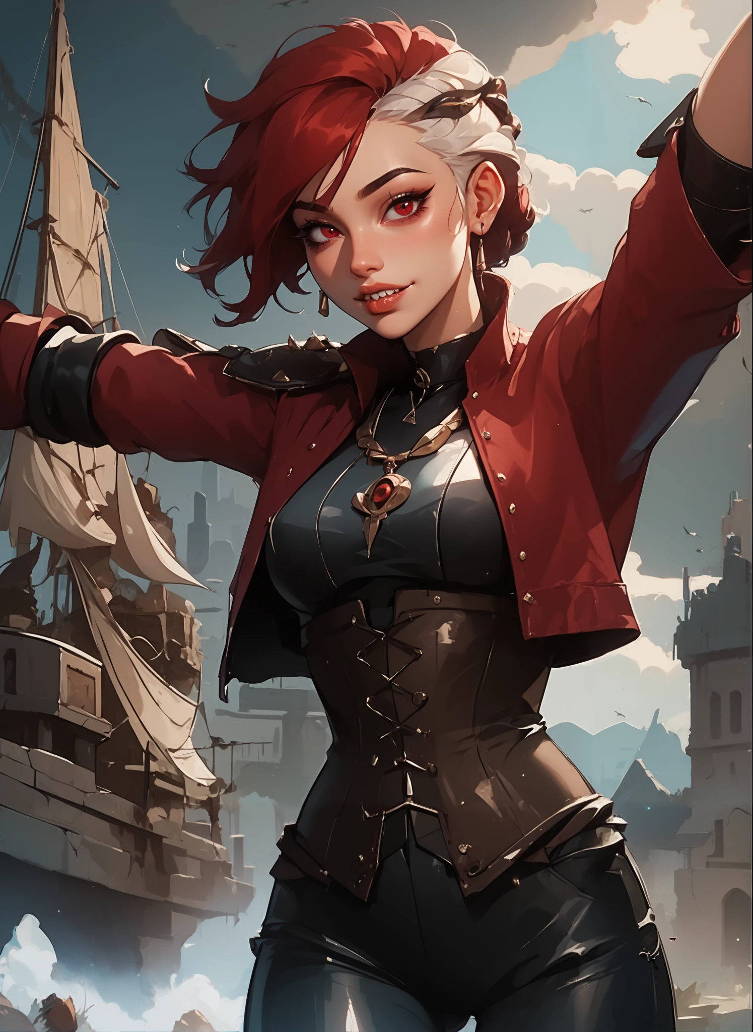 masterpiece, HD , great quality, very aesthetic, absurd,  high contrast ,  high color palette , light glare ,Latest ,2.5D,Volummetric lighting, Sweet, jung,  1 girl, aztekisch, round face, slim lips, small breasts, red eyes,athletic body, aztekisch, white hair strands, look at the viewer, Dreadlocks,  shy, smiles, Anime shark teeth, background: jungle and Aztec ruins,