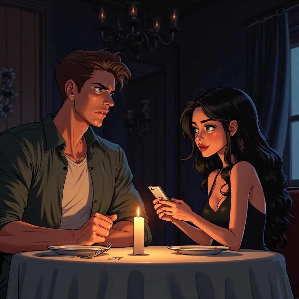 A girl with extraordinary beauty Black hair with waves and blue eyes with a red dress highlighted on the body in the forest with candles in the light a little away about 5 cm from the tall guy with black hair up to his ears, his neck tattooed with a suit and dress shirt Animation style with realistic details 