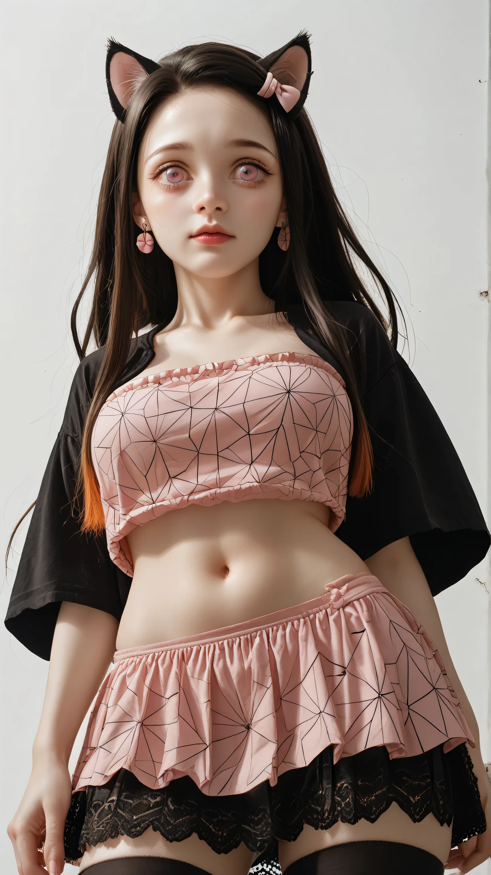 punctuation_9, punctuation_,Below 8,sharp focus,, absurdres, highres, illustration,
me_facing,1girl, kamado nezuko, Kimetsu no Yaiba, pink eyes, black hair, brown hair, two-tone hair , forehead,she is a hidden barrel with cat ears,has cat claws and her big breasts,neckline, very big breasts,her breasts are large and visible in the barrel,
high stockings, belly button, jewelry, earrings, abdomen,small pink top,sexy top small,tight top,Top habierto,strapless top,breasts visible on top,Raise your skirt showing off your underwear,
White background,