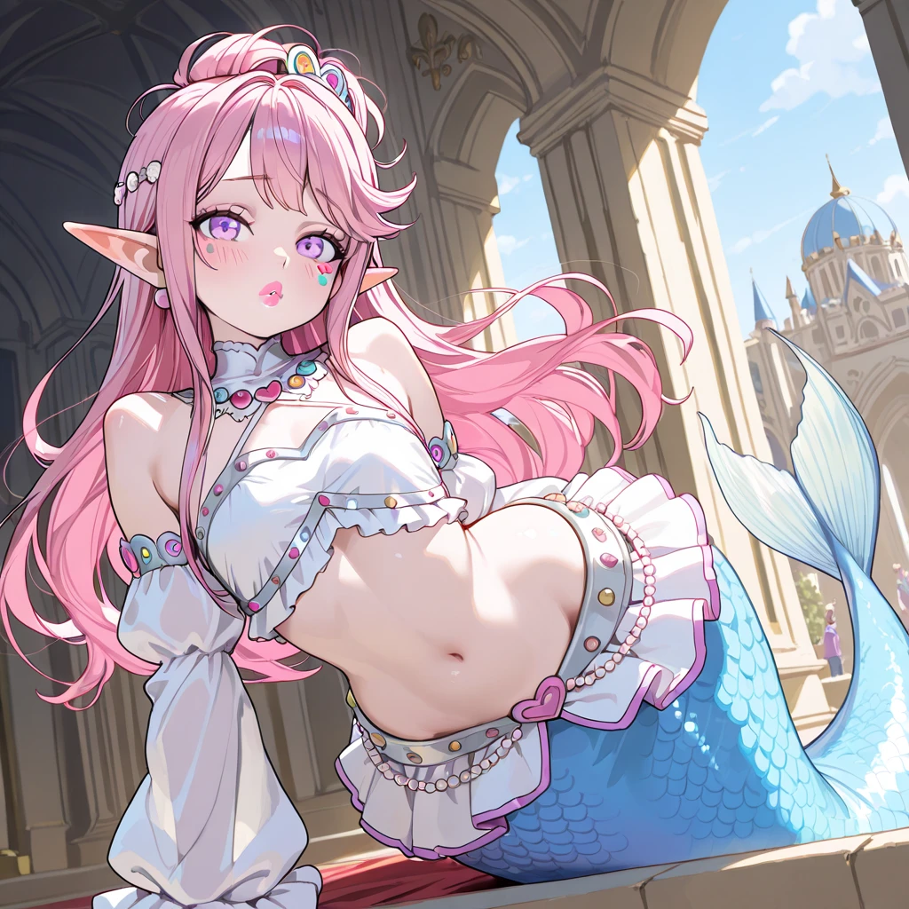 masterpiece, best quality,mature female, milf,looking at viewer,alluring, clean, beautiful face, shiny skin, skindentation,delicate pattern, intricate detail,
1girl,solo,mermaid, mermaid tail below waistline, pink mermaid tail, long hair, pink hair, purple eyes, fish ears, smile, upper body,maid hair ornament, bare shoulders, black bra, black skirt maid, pool,
