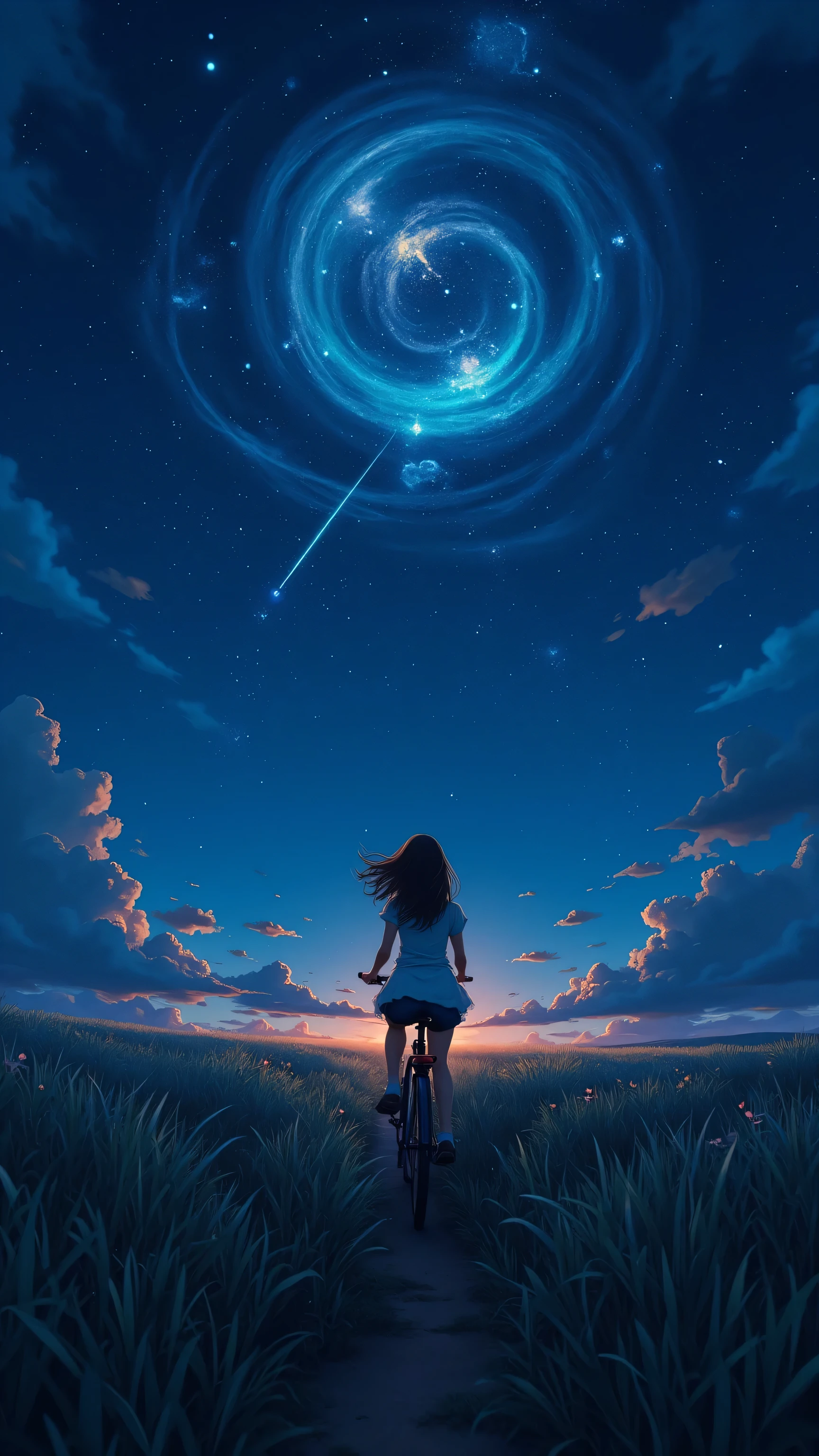 (masterpiece:1.5), (best quality), 8k resolution, Ultra HD Details, Real photography style,
Girl riding a bicycle with her back to the camera
On the prairie at night,The tip of the grass shines shimmer,x} Transparent luminescent creatures in the shape of jellyfish suspended in the sky,The outline of the giant cat bus appears vaguely on the horizon。
The girl is the visual focus,The spiral nebula above is a realistic contrast with the fluorescent prairie below,the meteor trajectory enhances movement,mystery and healing coexist,The dark blue night sky with blue and purple nebulae,Firefly light echoes the low light of the meadow,to highlight Miyazaki's portrayal of natural spirituality
A mix of styles:Real Portrait Photography × Ghibli Animated Scenes × Van Gogh Starry Brushstrokes