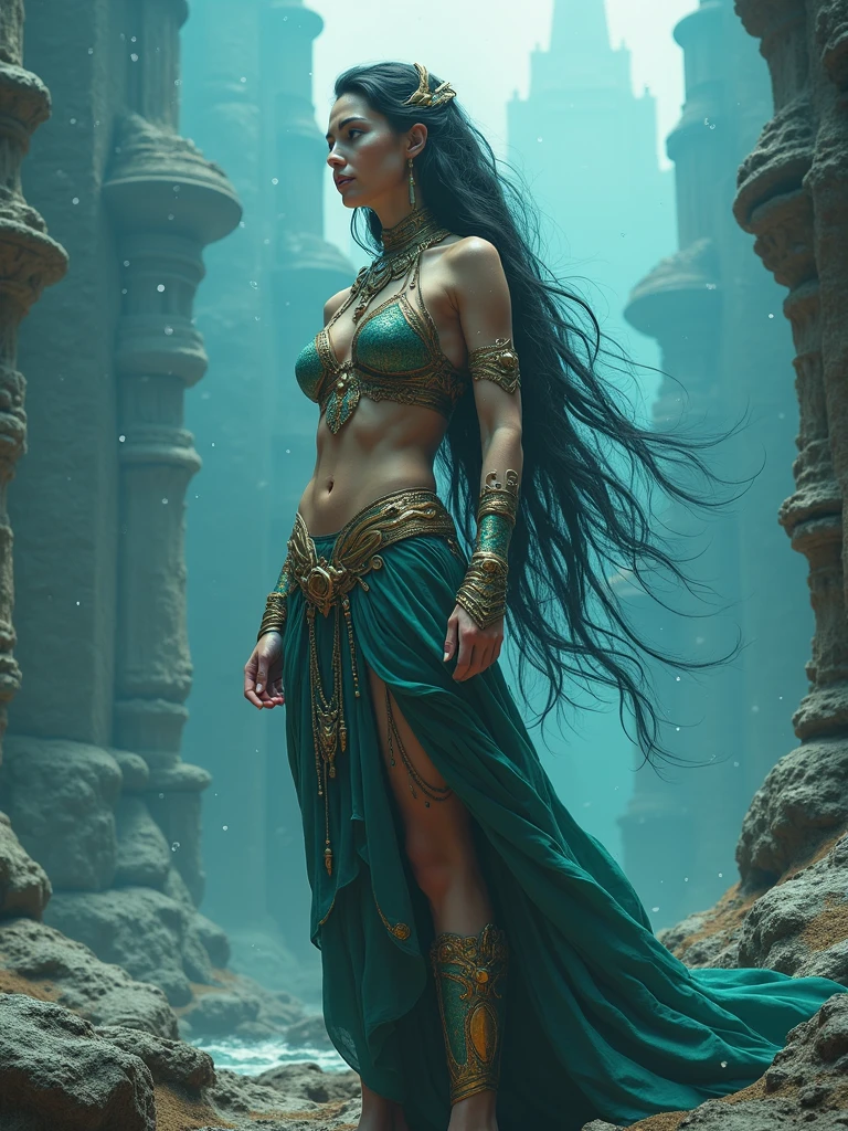 a woman standing in front of a waterfall, kpop star, flowing robes, instagram model, panoramic view of girl, mayan style, she has pale blue skin!!!, her hand is on her waist, her face flushing and sweat, wearing gorgeous clothing, smartphone photo, event, uncropped