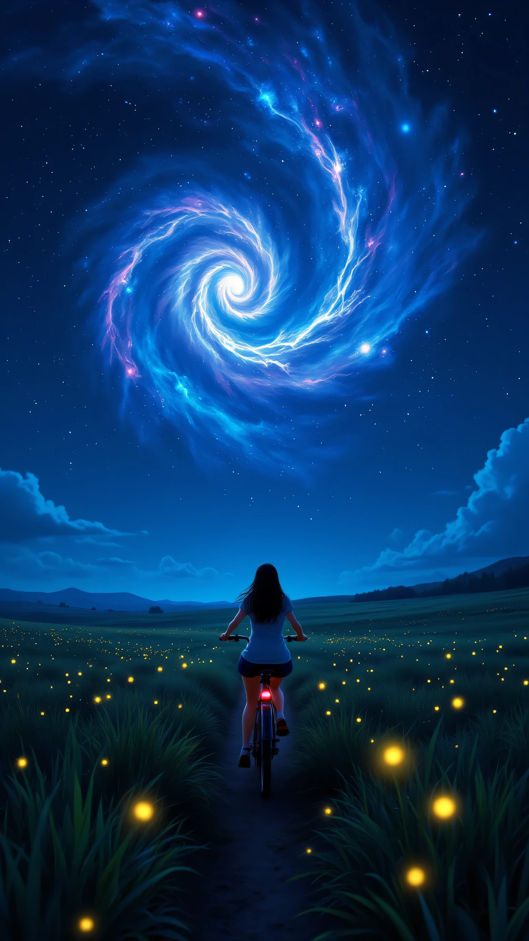 (masterpiece:1.5), (best quality),  8k resolution,  Ultra HD Details, Real photography style,  

Girl riding a bicycle with her back to the camera
On the prairie at night，The tip of the grass shines shimmer，, a transparent luminescent creature in the shape of a jellyfish suspended in the sky，The outline of a giant cat bus vaguely appears on the horizon。
The girl is the visual focus，, creating a realistic contrast between the spiral nebula above and the fluorescent prairie below，the meteor trajectory enhances movement，mystery and healing coexist，The dark blue night sky with blue and purple nebulae，Firefly light echoes the low light of the meadow，to highlight Hayao Miyazaki's portrayal of natural spirituality

Style mix：Real Portrait Photography × Ghibli Animated Scenes × Van Gogh Starry Brushstrokes