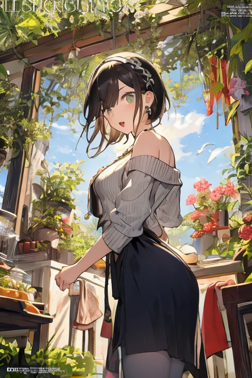 (small breasts:1.3), (perky chest:1.1), (pointed chest:1.0), (fashion magazine cover:1.3),(from below:1.0),(from side:0.9),masterpiece, 1girl, Amazing Cleavage:1.1, thin waist, big ass, Raised sexy, small breast: 1.3, posed cleavage:1.2、solo, looking at viewer, open mouth, have a cute grass of cute beergrass,black hair, dark green eyes, dress, bare shoulders, jewelry, collarbone, sidelocks, hairband, earrings, indoors, off shoulder, :o, sweater, arms behind back, plant, short hair with long locks, gild hairband, off-shoulder dress, sweater dress, off-shoulder sweater, red sweater, dark gord hair, big side hair, very long side hair,is rendered in (masterpiece: 1.2, best quality), with (ultra high resolution) and an exquisite (depth of field). This masterpiece is not only visually stunning but also tells,A scene of cooking in the kitchen by classroom