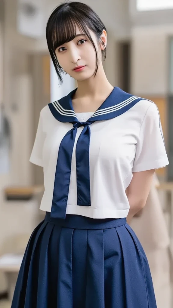 Masterpiece、Highest quality、【lower body focus】、Super detailed、Only from the neck down 画面いっぱいのSailor suit、Sailor suitが近い、Sailor suitをドアップ、Head is cut off Japanese school girl uniform、Sailor suit、紺色のSailor suit、Pleated skirt、Navy Blue Skirt clavicle、Upper arms chest focus、from the neck down focus、View from the neck down、Chest up、Chest close up、Chest close、Get closer to my chest Train window、countryside
