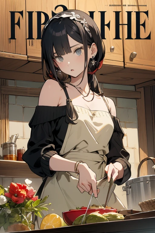 (small breasts:1.3), (perky chest:1.1), (pointed chest:1.0), (fashion magazine cover:1.3)，(from above:1.0),(from side:0.9),masterpiece, 1girl, Amazing Cleavage:1.1, thin waist, big ass, Raised sexy, small breast: 1.3, posed cleavage:1.2、solo, looking at viewer, open mouth, have a cute grass of cute beergrass,black hair, dark green eyes, dress, bare shoulders, jewelry, collarbone, sidelocks, hairband, earrings, indoors, off shoulder, :o, sweater, arms behind back, plant, short hair with long locks, gild hairband, off-shoulder dress, sweater dress, off-shoulder sweater, red sweater, dark gord hair, big side hair, very long side hair,is rendered in (masterpiece: 1.2, best quality), with (ultra high resolution) and an exquisite (depth of field). This masterpiece is not only visually stunning but also tells,A scene of cooking in the kitchen by classroom
