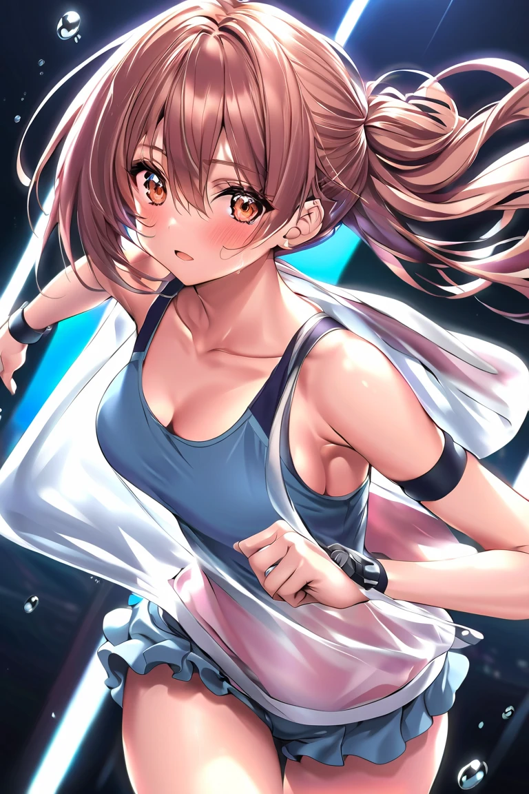 (masterpiece)、(absurdres)、(ultra detailed)、solo lady、dark blonde hair:1.2,(straight long hair)、BREAK、(shiny blue eyes:1.0)、BREAK、(athletic)、[flat chest]、(during:0.9)、(pierce:0.8)、(bracelet:0.7)、BREAK,(A large white flash of lightning on his neck)、A large amount of white and pink petals floating in the air、BREAK,cowboy shot,serious,