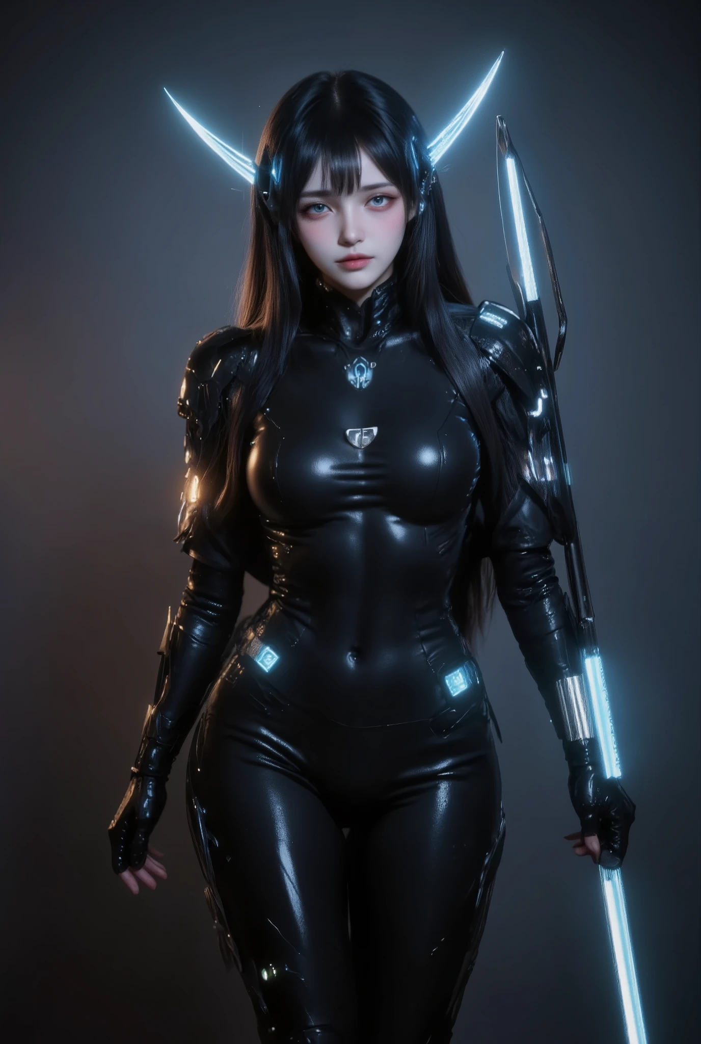 Create a futuristic, cybernetic female character standing in a striking pose. She should have sleek, black armor that hugs her figure, with subtle, glowing blue accents. The armor should feature various futuristic symbols and numbers, adding a complex, high-tech feel. Her cheekbones have two metal plates, flanked by helmets, and her ears have two thin, raised, pointed, radar-like metal plates, blending seamlessly into her armored suit. and over the girl's tight-fitting suit was a long, shiny black half-skirt. Her left hand is holding a black metal long spear that emits a soft, blue light. She have beautiful face, perfect body. She has long black hair, the ends of her hair glow blue. The background should be a dark, gradient color to enhance the character's features and the glowing elements. The overall vibe should be a blend of sci-fi and cyberpunk aesthetics, emphasizing a strong, confident persona.