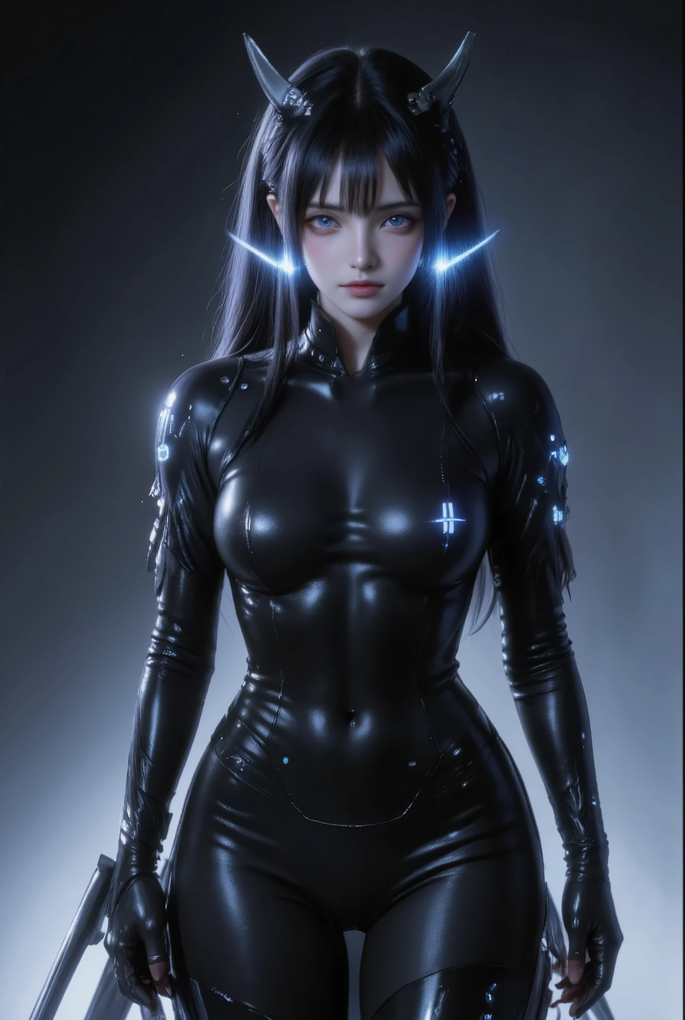 Create a futuristic, cybernetic female character standing in a striking pose. She should have sleek, black armor that hugs her figure, with subtle, glowing blue accents. The armor should feature various futuristic symbols and numbers, adding a complex, high-tech feel. Her cheekbones have two metal plates, flanked by helmets, and her ears have two thin, raised, pointed, radar-like metal plates, blending seamlessly into her armored suit. and over the girl's tight-fitting suit was a long, shiny black half-skirt. Her left hand is holding a black metal long spear that emits a soft, blue light. She have beautiful face, perfect body. She has long black hair, the ends of her hair glow blue. The background should be a dark, gradient color to enhance the character's features and the glowing elements. The overall vibe should be a blend of sci-fi and cyberpunk aesthetics, emphasizing a strong, confident persona.