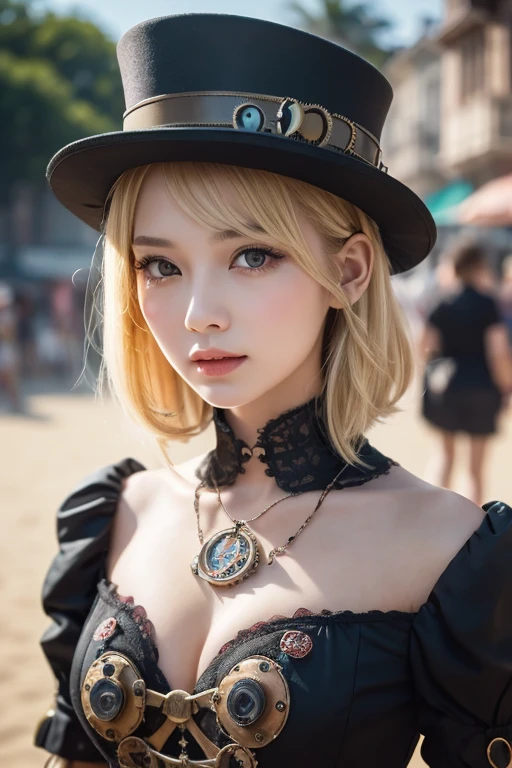 (masterpiece:1.2), ultra detailed, ultra high res, (realistic, photo realistic:1.37), high detail RAW color photo, professional photograph, an extremely delicate and beautiful, extremely detailed, 8k wallpaper, Amazing, finely detail, huge file size, extremely detailed beautiful girl, extremely detailed face, extremely detailed eyes, extremely detailed skin, extremely detailed fingers, extremely detailed nose, extremely detailed mouth, perfect ???????, highly detailed background, (a famous actress of Japan:1.2), blond hair, shortcut hair, (gyaru:1.1), (flat chest), Dynamic lighting, (Steampunk:1.45), full body, (kimono with dragon embroidery:1.3), cowboy shot, black background, bare shoulders,