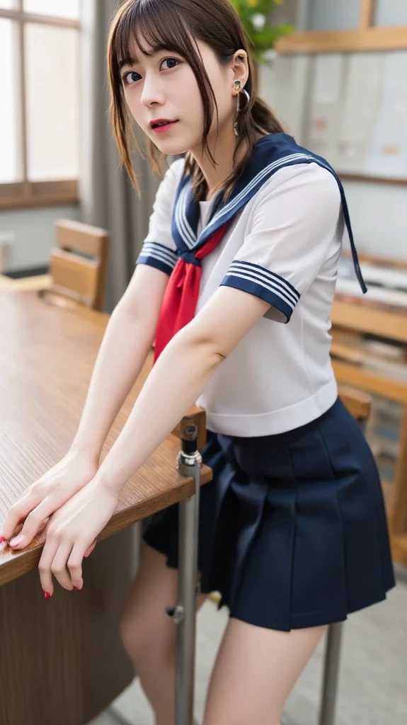 (8K、RAW Photos、top-quality、masterpiece:1.2)、(realisitic、Photorealsitic:1.37)、女の子1人、japanes、18year old、femele、Classroom、natta、profetional lighting、Photon mapping、torn、Colossal tits、The tips of the knitted, which are pure white and very small in size, stick out、areola protruding、The shape of the pubic area is clearly visible、gals、Lots of lashes、Lame on the eyelids、Pitch black lip、Pitch black heels、pubick hair、the lower abdomen bristles、A slender、crotch open、My are big and are about to spill out of my bra、Very much pubic hair、pubic hair is very protruding、((See-through sailor suit、Short pleated skirt))、maroon short hair
