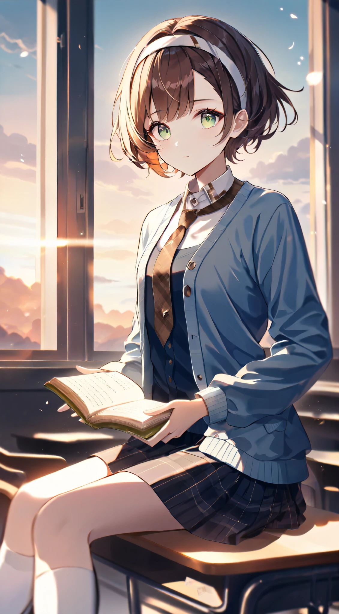 masterpiece, best quality, detailed face, 1 girl, solo, beautiful, modest chest, slender body, mature, light makeup, adorable, sharp eyes, closed mouth, short hair, brown hair, side bangs, short tidy bang, vibrant green eyes, white headband, white formal shirt, brown ribbon necktie, blue cardigan , short plaid skirt, white overknee socks, Indoor background, classroom, holding book, sunset, depth of field, bloom, soft lighting,