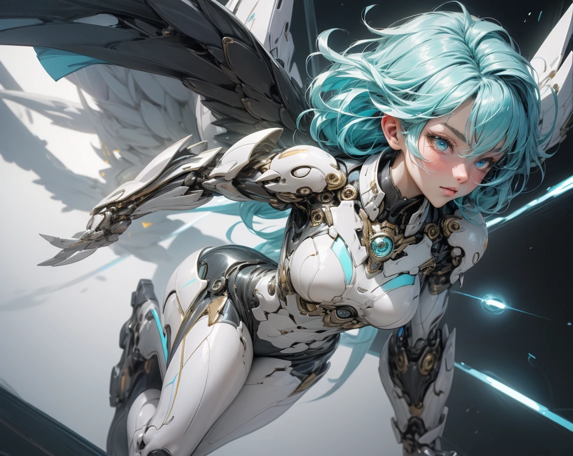[(White background:1.5)=5], (Bottle bottom:0.9), 1 Elf Girl, Medium shot, whole body, (Armored Wing, Mecha legs, Armored),((Short white hair)), Asymmetrical bangs, Face and eyes are rich in detail, Perfect lips, Butterfly, Floating Petals, Stone fragments, Beautiful and delicate water, cloud, sun, dusk, sunset, beautiful detailed cloud, ocean, Waves, Water splash, Dramatic, movie lighting, Fine expression, Fine details, Fantasy Art, illustration, masterpiece, The art of math, , Yusuke Murata's style.
