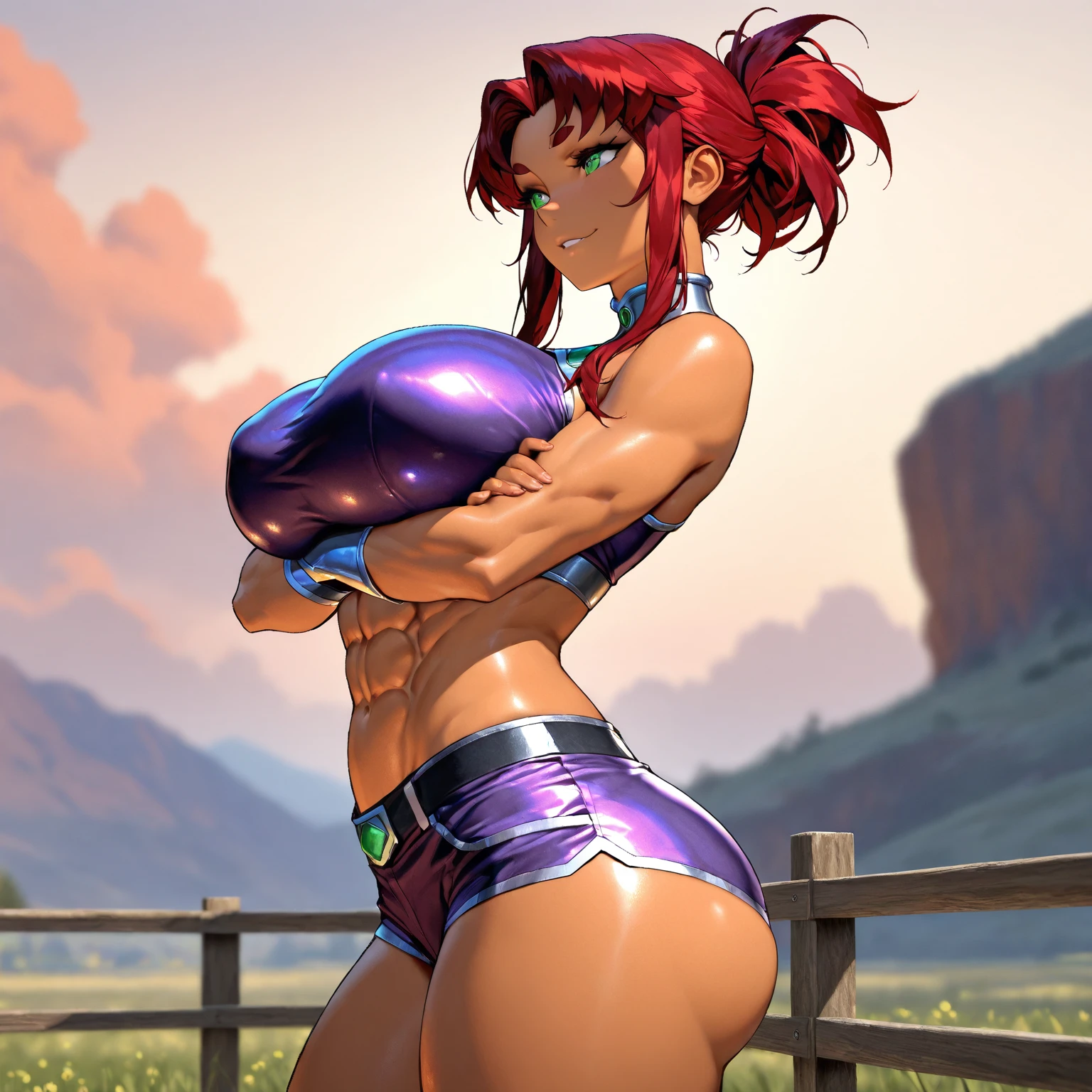 Sexy girl, lean, thick thighs, big biceps, ripped abs, white/blue shirt, purple sleeves, big breasts, black skirt, Sus face, blushing, black skirt, struggling, gold belt, huge hips, sexy body, winking, lots of freckles, tan, sexy face, glitter in hair, hot face , beautiful face, brown eyes, girl wearing black straps on skirt, sweaty abs, muscular hips , sexy figure, in parade, adult, thick body, sexy, huge hips , Sus face, shredded hips, wearing black boots, moaning, happy atmosphere, short girl, standing ,short, sexy body , headphones on head, holding hip, wide body, thick body, winking, holding hips, long hair, perfect arms, brown eyes, black gloves,long hair, seducing look, looking at ceiling, very sweaty, sweating so much