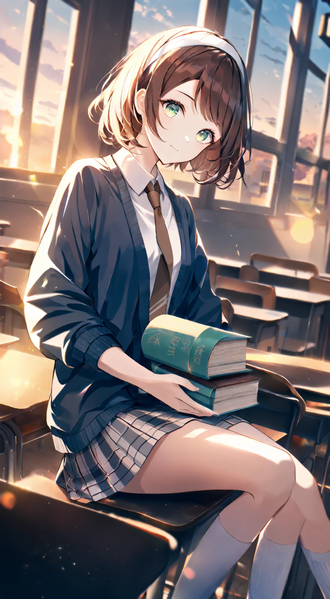 masterpiece, best quality, detailed face, 1 girl, solo, beautiful, modest chest, slender body, mature, light makeup, adorable, sharp eyes, closed mouth, short hair, brown hair, side bangs, short tidy bang, vibrant green eyes, white headband, white formal shirt, brown bow necktie, blue cardigan , short plaid skirt, white overknee socks, Indoor background, classroom, holding book, sunset, depth of field, bloom, soft lighting,