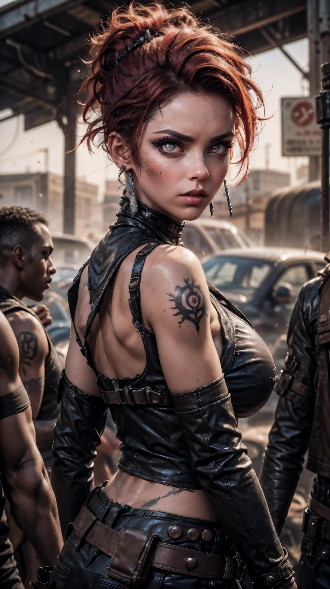 Forced perspective, CLOSE up , raw, from back sexy pose, Young Girl, pale skin, post-apocalyptic punk girl, with red hair, short pixie haircut, big red eyes cristaline, bright red eyes, eyeliner, make-up, piercings and tattooed skin, dark post-apocalyptic background, leaning against a rusty subway, post-apocalyptic jacket armor, neckline, hyperrealistic skin texture, (make-up: 1.2), ( big eyes: 1.5), (big breasts: 1.1), (Constriction: 1.2), dynamic pose, Sexy post-apocalyptic, curved body, (top quality, masterpiece, absurd: 1.3), low lights, Reflected light, hard shadows, ( light particles: 1.3), ultra detailed, dark background
