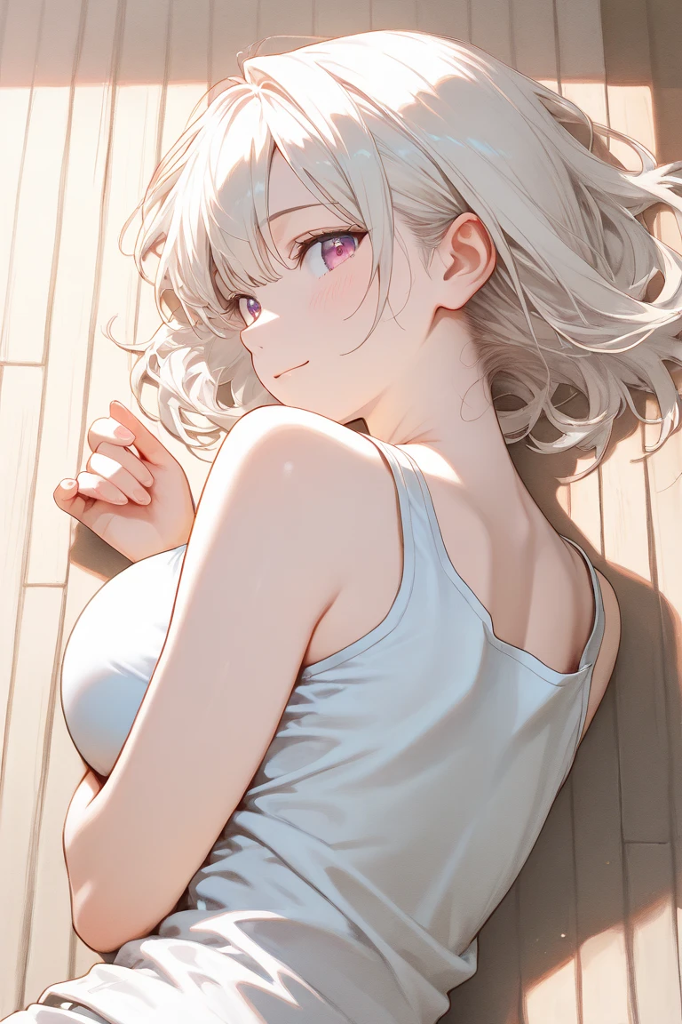 Realistic, high resolution, 1 girl, White wavy hair, Korean, Heterochromic eyes, Small moles under the eyes, Loose white shirt, tight denim shorts, Large breasts, Thighs, Panties are a masterpiece, Realism