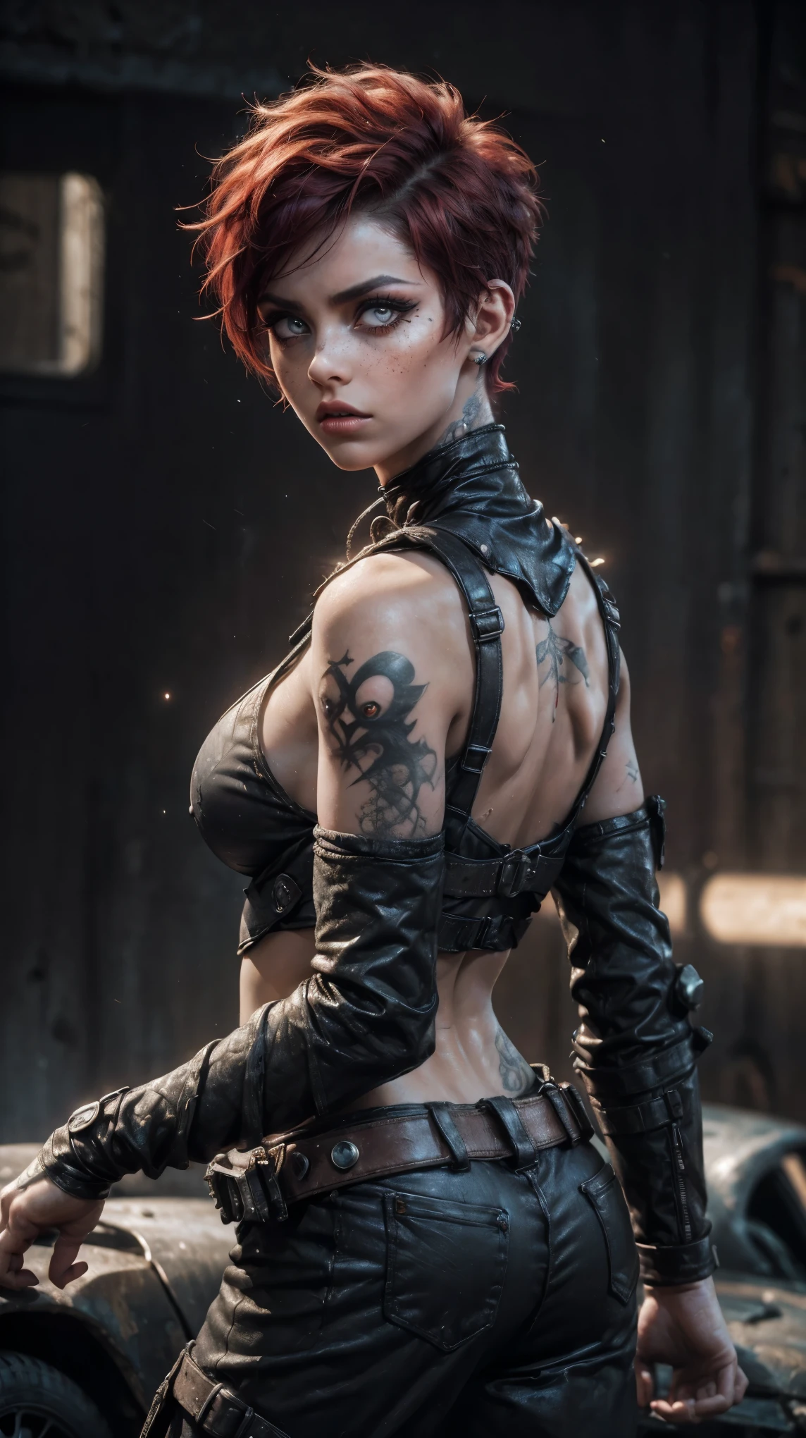 Forced perspective, CLOSE up , raw, from back sexy pose, Young Girl, pale skin, post-apocalyptic punk girl, with red hair, short pixie haircut, big red eyes cristaline, bright red eyes, eyeliner, make-up, piercings and tattooed skin, dark post-apocalyptic background, leaning against a rusty subway, post-apocalyptic jacket armor, neckline, hyperrealistic skin texture, (make-up: 1.2), ( big eyes: 1.5), (big breasts: 1.1), (Constriction: 1.2), dynamic pose, Sexy post-apocalyptic, curved body, (top quality, masterpiece, absurd: 1.3), low lights, Reflected light, hard shadows, ( light particles: 1.3), ultra detailed, dark background