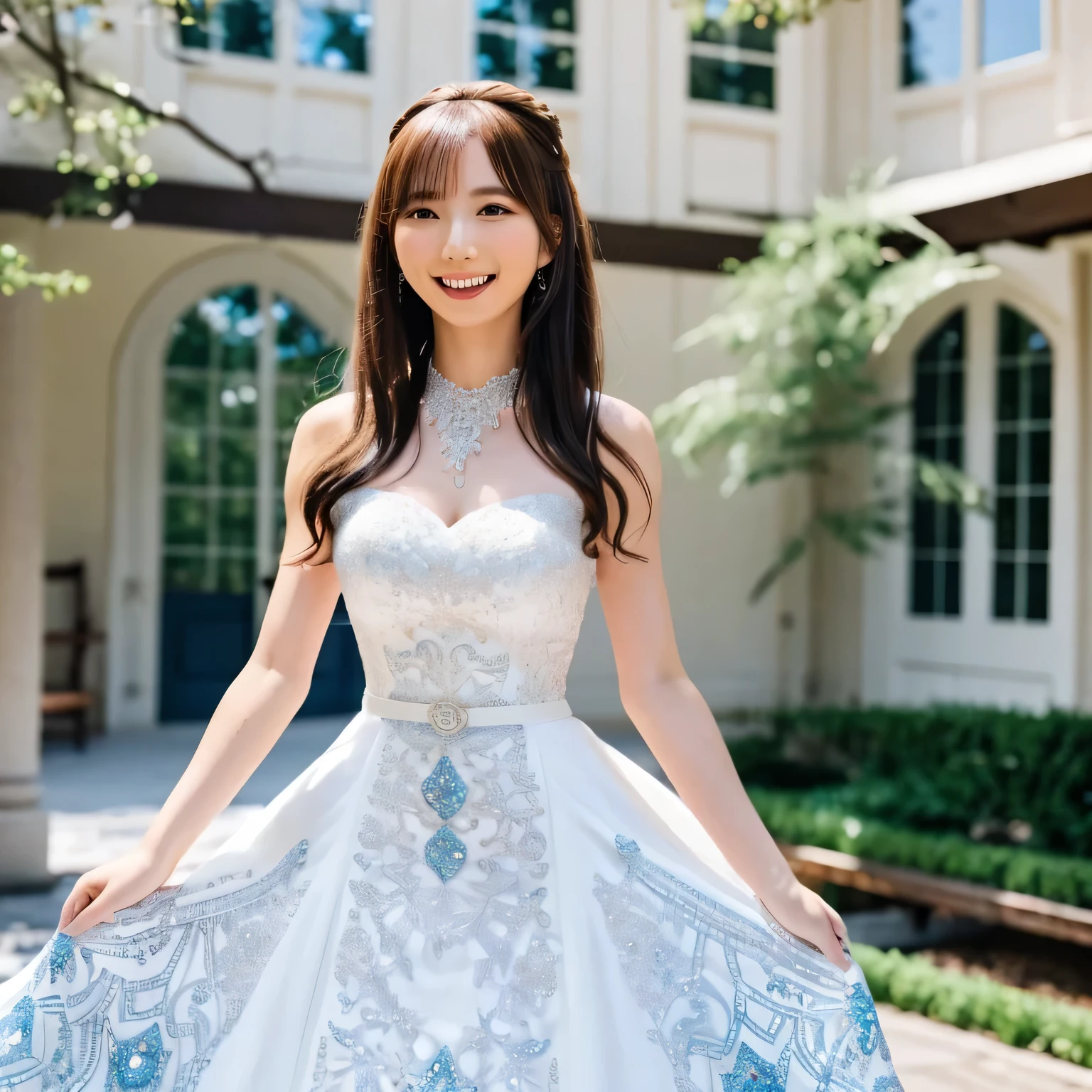 A breathtakingly beautiful 20-year-old woman stands in the courtyard of a luxurious mansion beneath a clear blue sky. She wears a white and blue wedding dress, holding a red bouquet gracefully in front of her chest. Her radiant smile and joyful expression exude pure happiness. Long hair, black hair, dark eyes.