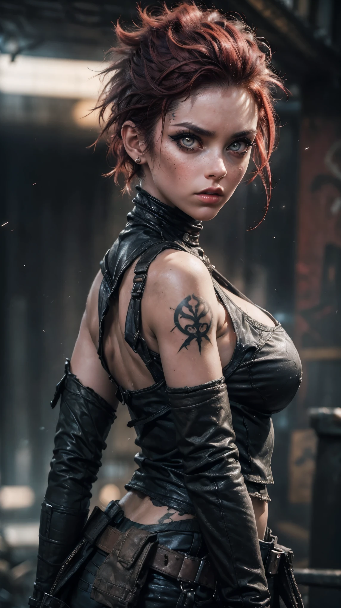 Forced perspective, CLOSE up , raw, from back sexy pose, Young Girl, pale skin, post-apocalyptic punk girl, with red hair, short pixie haircut, big red eyes cristaline, bright red eyes, eyeliner, make-up, piercings and tattooed skin, dark post-apocalyptic background, leaning against a rusty subway, post-apocalyptic jacket armor, neckline, hyperrealistic skin texture, (make-up: 1.2), ( big eyes: 1.5), (big breasts: 1.1), (Constriction: 1.2), dynamic pose, Sexy post-apocalyptic, curved body, (top quality, masterpiece, absurd: 1.3), low lights, Reflected light, hard shadows, ( light particles: 1.3), ultra detailed, dark background