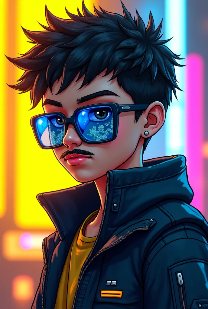 guttonerdvision4, a 3 boy wearing glasses, detailed skin and face, half body, with hooded leather clothing, cyberpunk style, neon, colored lights, ultra realistic rainy cyberpunk city scenery, realistic character,