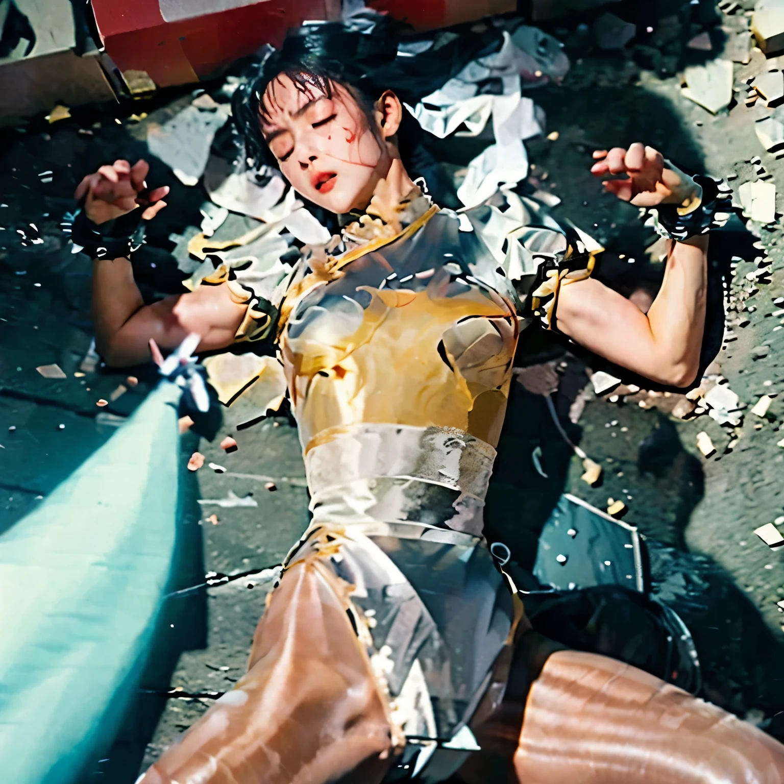 holding back my flanks, I'm lying on my back on the ground, eyes closed, with a belt, seems to be in pain, injury, damaged, Ryona, The sweaty curtain rolls wide to the side and you can see the silver leotard, silver costume, photo real, hyper real, high image quality during sick leave, shot on Canon EOS, wet, sweat,