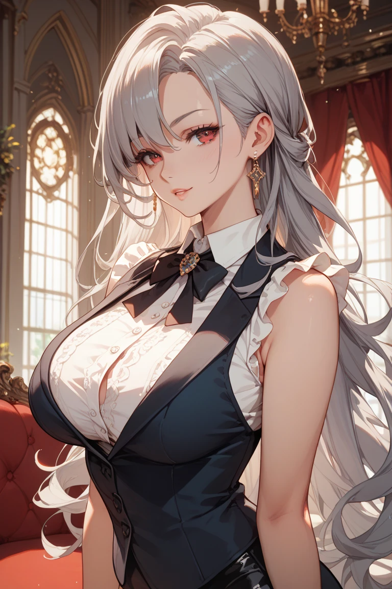A woman with big ,Beauty,female pervert,White long hair,Gemstone Necklace,Victorian style,Jeweled Evening Dress,weak,Sexy,Color,Show the chest,See the lateral breast,((estrus)),banquet,gorgeous,living room,