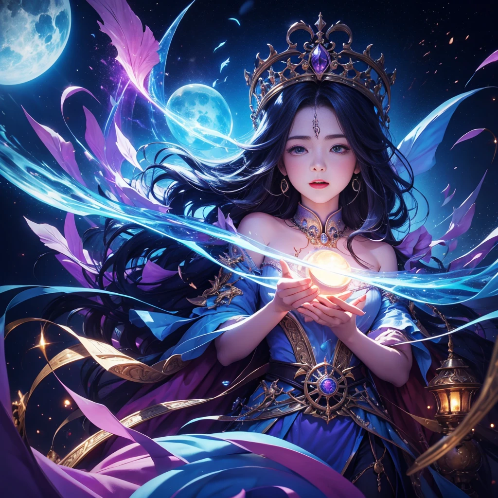 An enchanting rainbow sorceress gracefully conjures a love potion in a shimmering pink cauldron.
